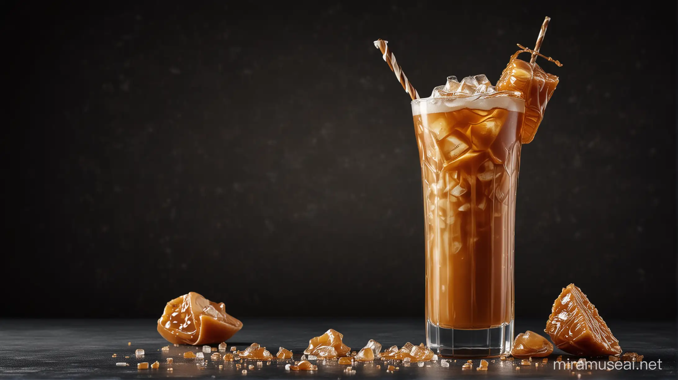 Salted caramel cocktail drink. Photo realistic. Indulgent. Dark background.