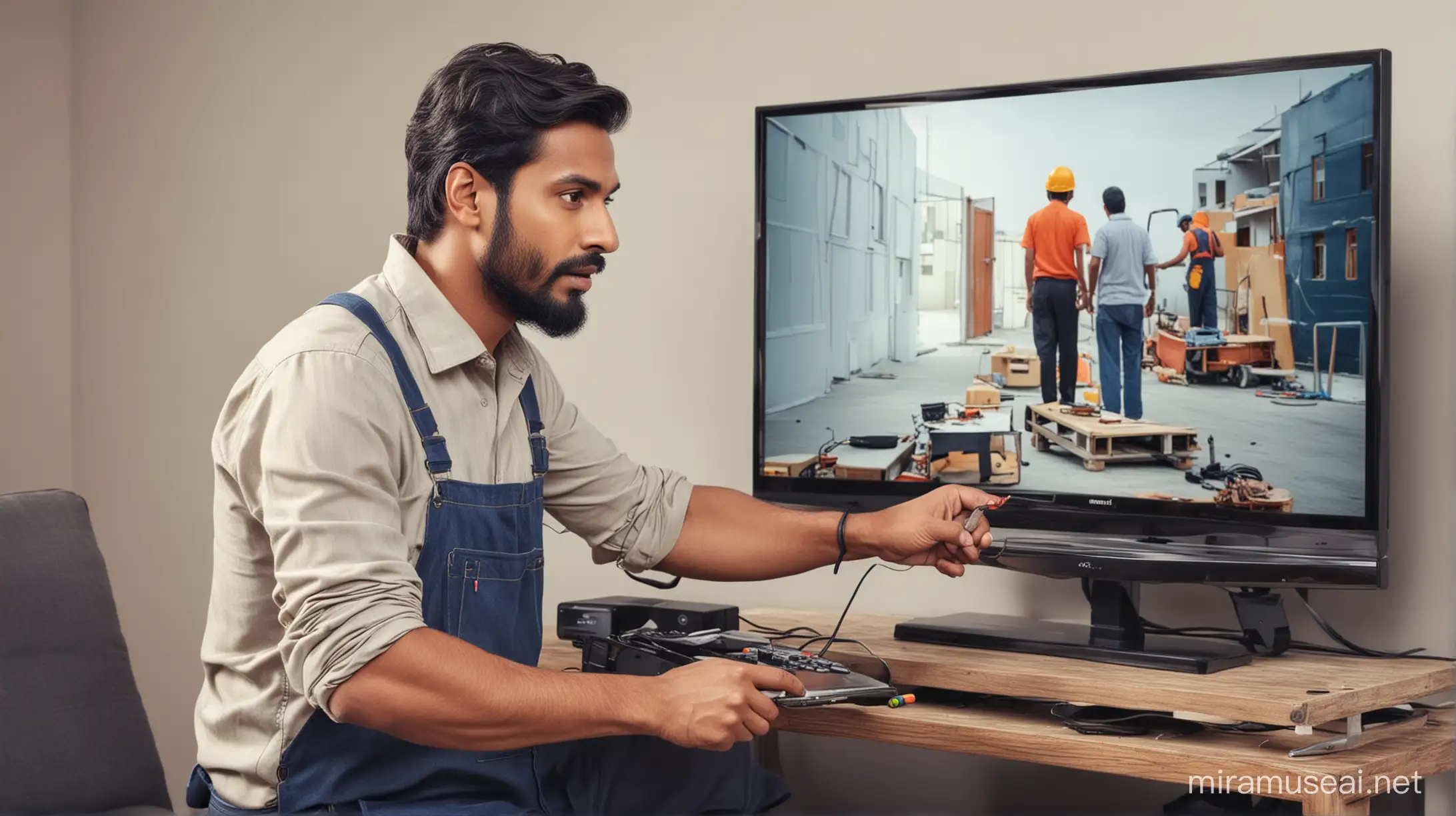 please create a banner image where a samrt TV indian technician /labour is repairing Smart TV 
