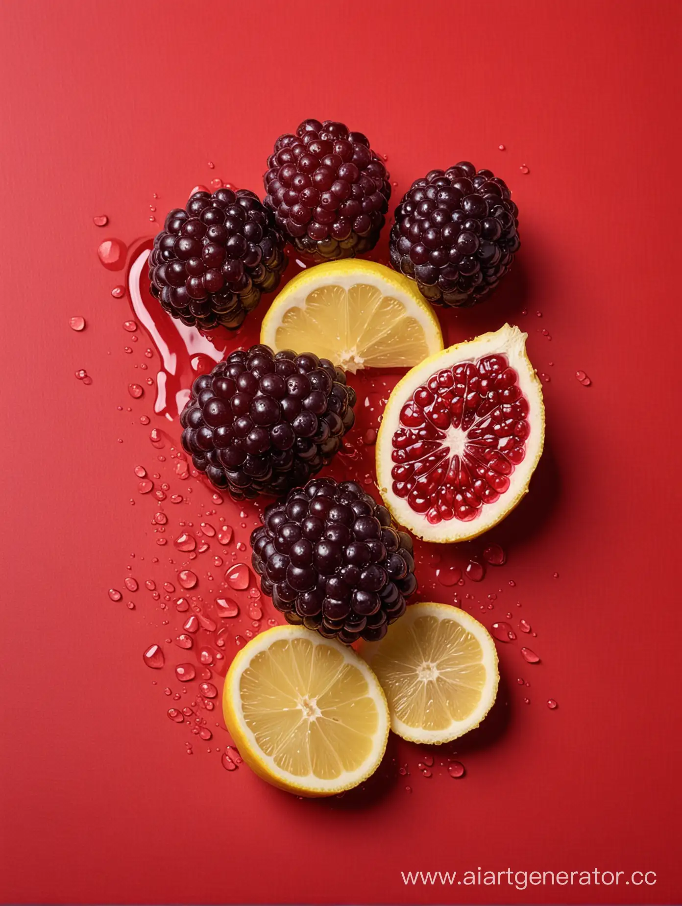 Fresh-Boysenberry-and-Lemon-Slices-on-Vibrant-Red-Background