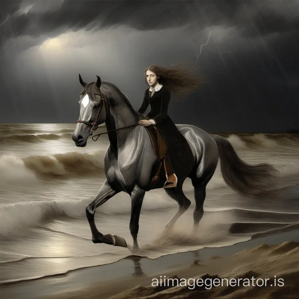 in the style of Gustave Doré, horse type English thoroughbred grey frightened on a beach on a stormy evening ridden by a brown-haired teenager
