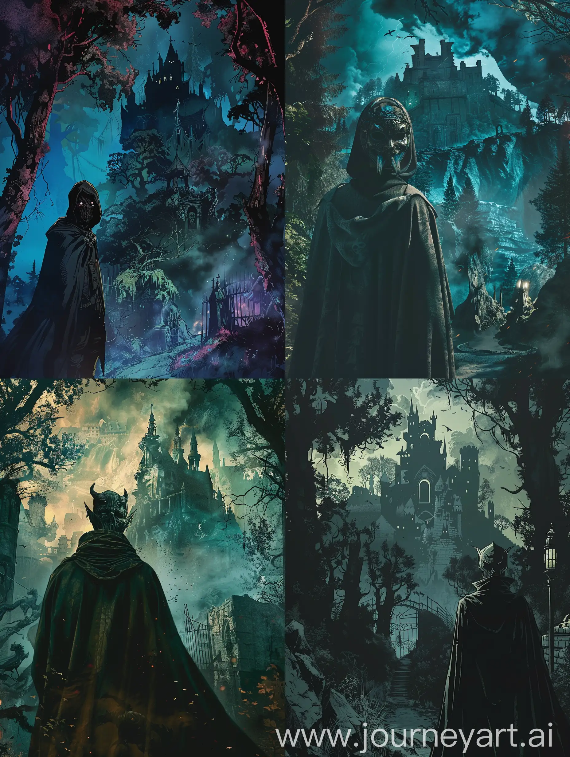 Постер для новеллы где на переднем плане стоит главный герой в плаще и с маской демона, задний фон мрачный лес  и мрачный замок демонов