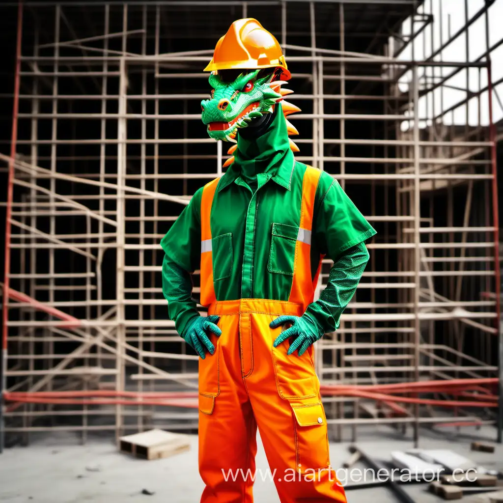 зеленый дракон в оранжевой каске и рабочем комбинезоне на фоне строительных лесов