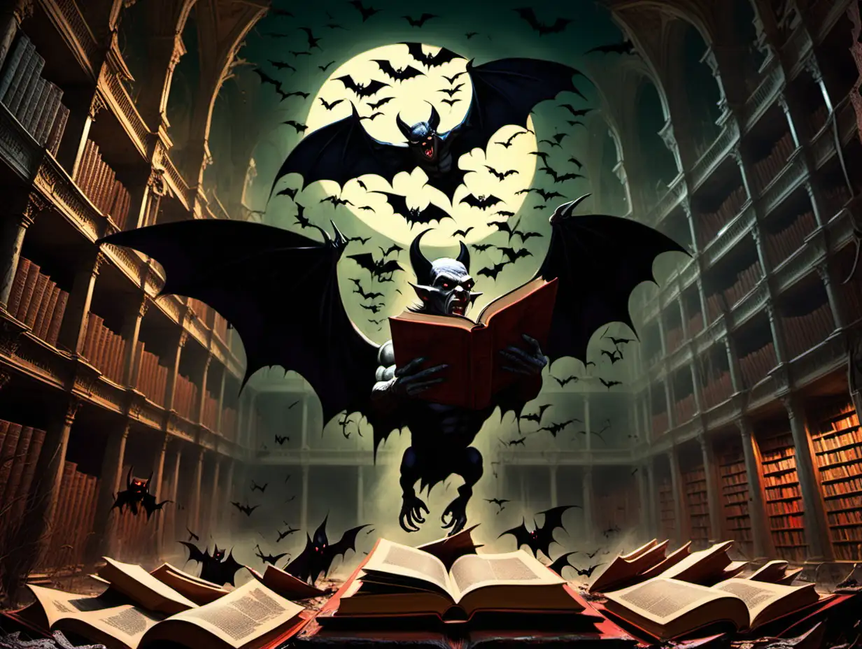 Satan reading a book inside of an abandoned forgotten library and vampire bats flying around in the Amazon forest Frank Frazetta style