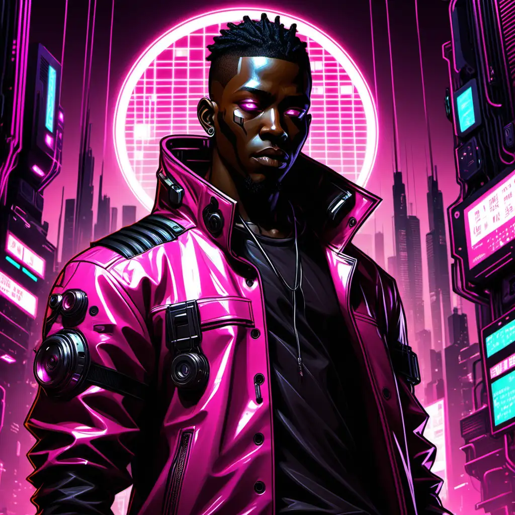 create pink themed cyberpunk artwork of a black male in the style of azuki