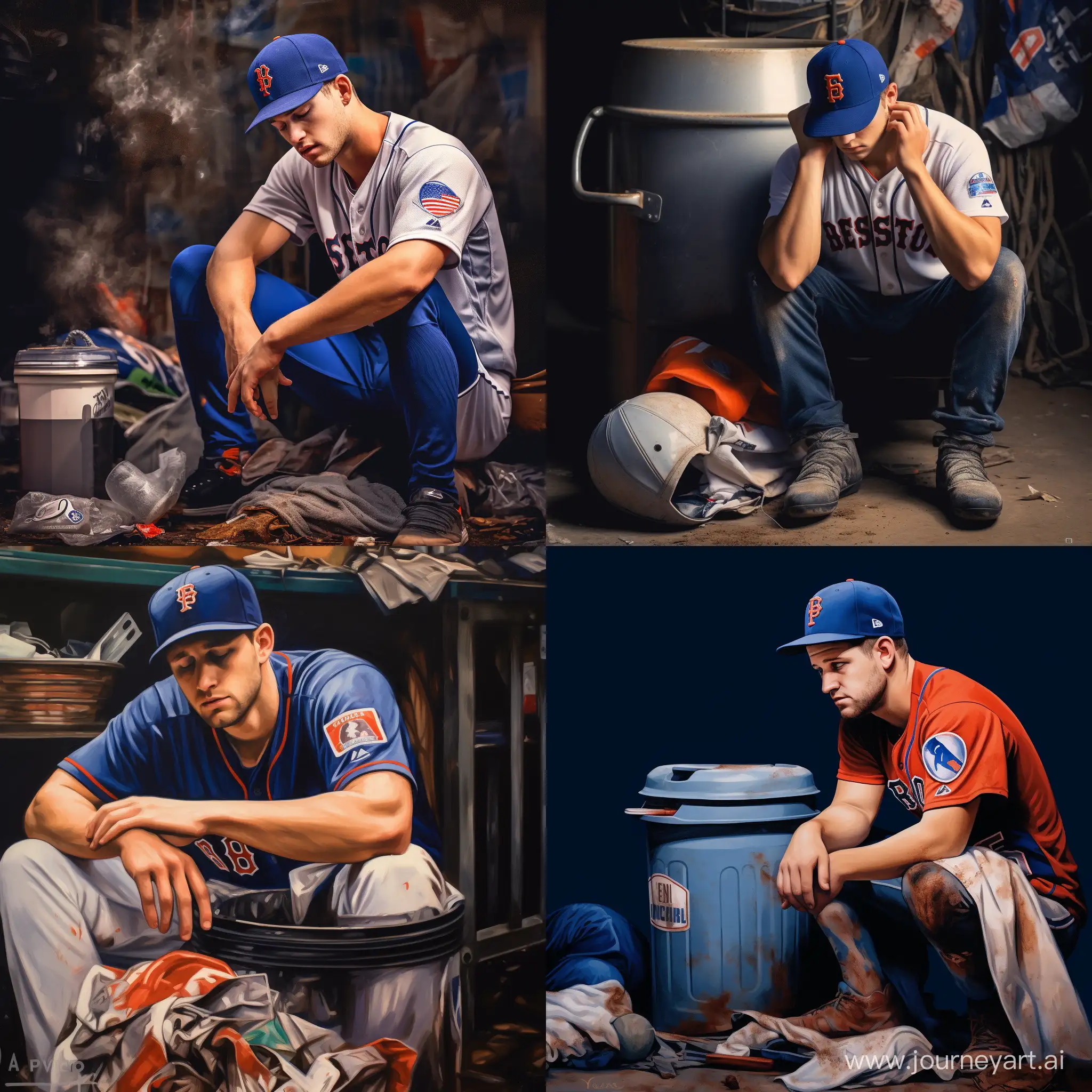 A man wearing a Houston Astros baseball cap, sobbing while holding a Texas rangers Corey Seager jersey, sitting on a metal trash can 
