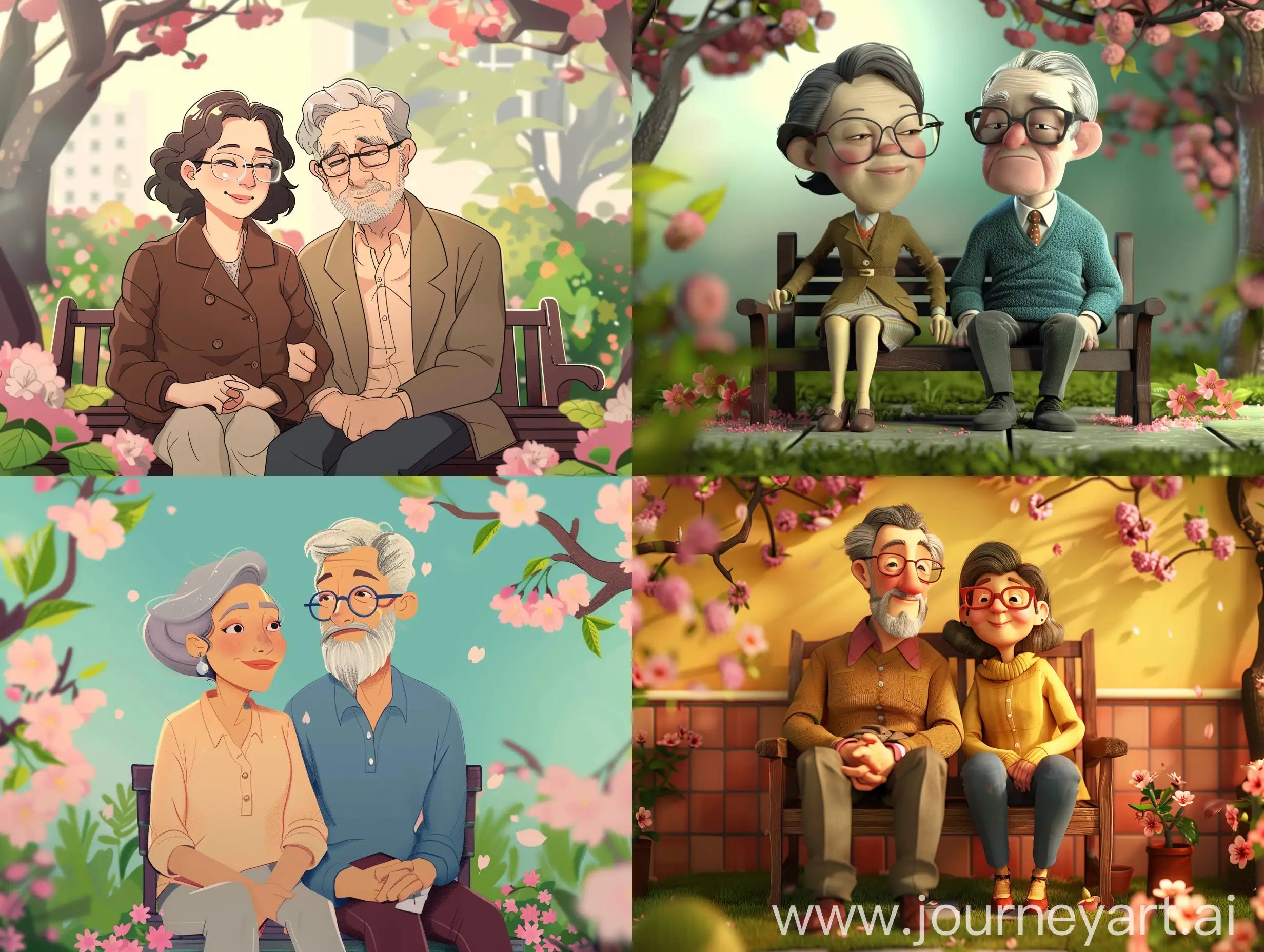 a middle-aged couple sitting on a garden bench with cherry flowers nearby, animated