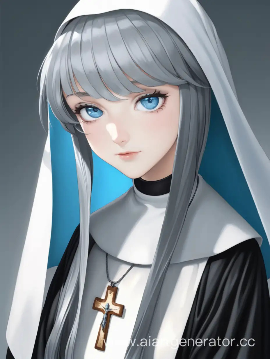 The girl nun with gray hair and blue eyes