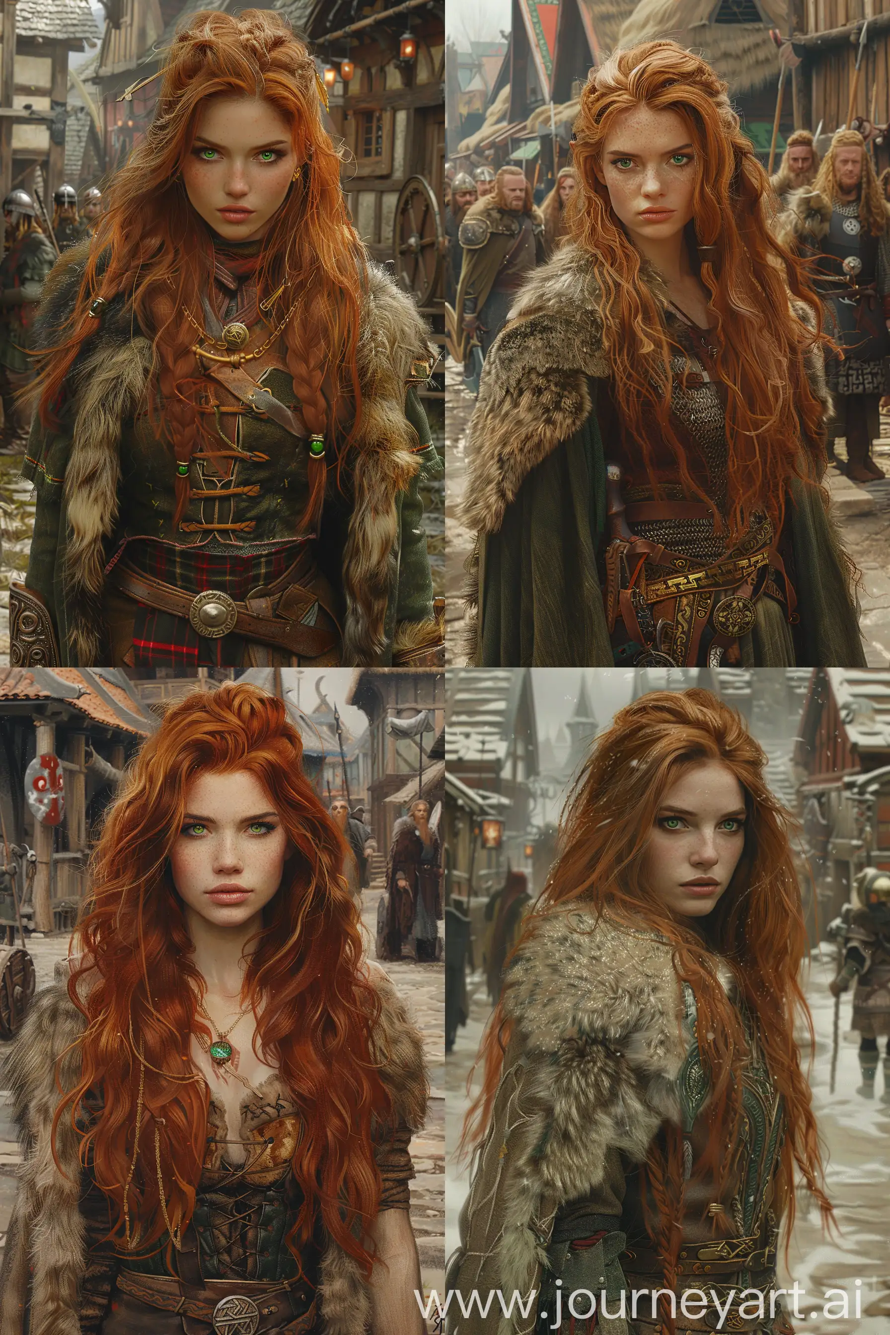 A full body digital painting of a beautiful female Viking, aged 25 that looks like [Megan Fox+ Angelina Jolie] with long unruly red hair and green emerald siren eyes, standing in a Viking village. She appears to be a dangerous berserkr. She wears a beautiful furs Viking attire. Painted by John William Waterhouse --ar 2:3 --v 6 --s 500