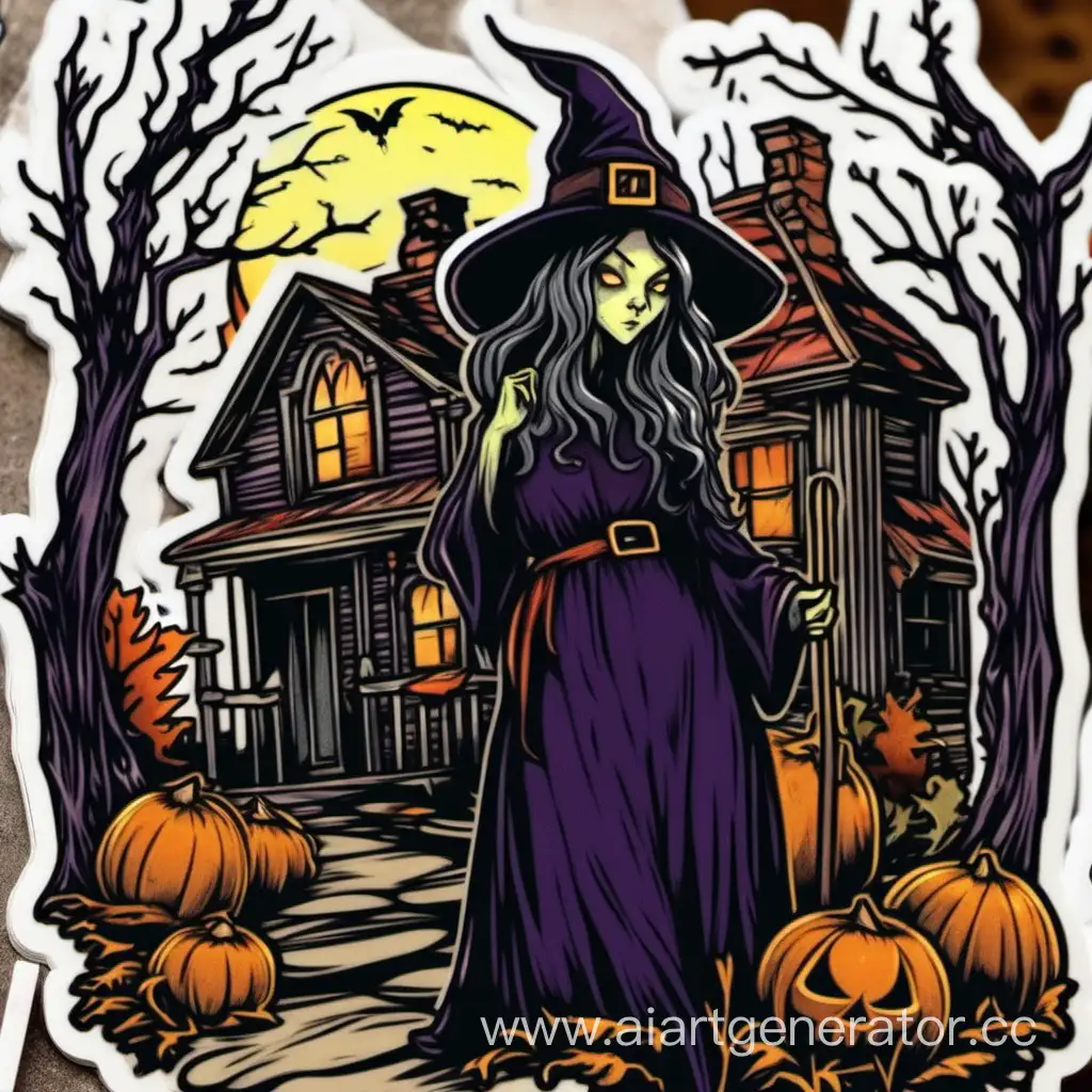 Mysterious-Witch-by-Abandoned-House-Sticker-Enchanting-Fantasy-Art