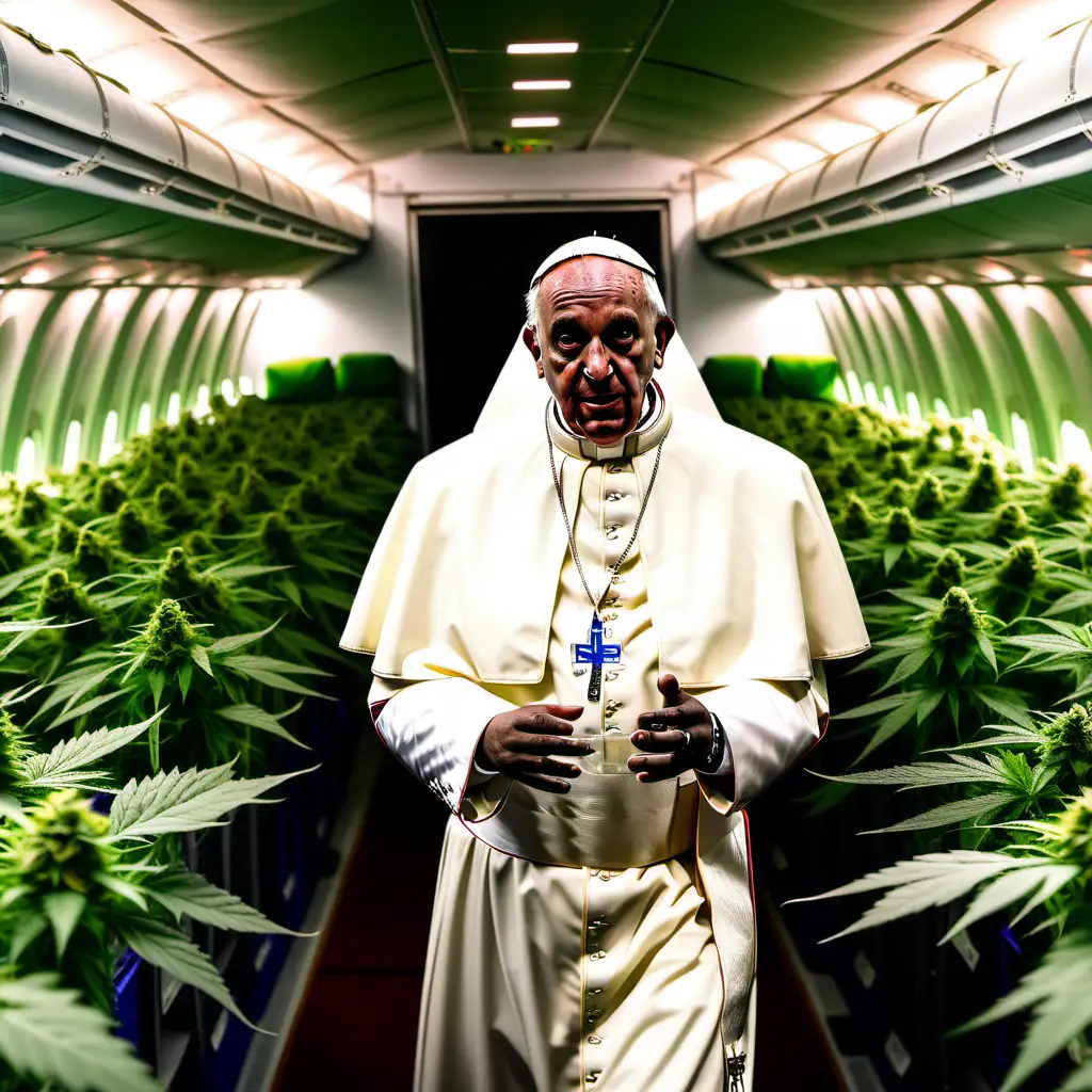 dark skinned pope inside a cargo plane with a marijuana field behind him
