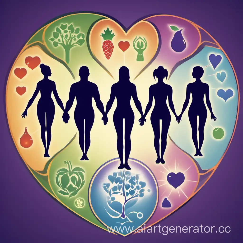 Glowing human silhouettes entwined in harmony, with symbolic elements of health like the Caduceus, hearts, and protective barriers like shields or bubbles, against a backdrop that conveys a sense of balance and wellness. Incorporate icons of communication like speech bubbles, healthy lifestyle symbols like fruits, vegetables, and water, along with tranquil nature or yoga poses to represent stress management. The color palette should be soothing, with blues, greens, and purples to evoke a sense of serenity and safety.
