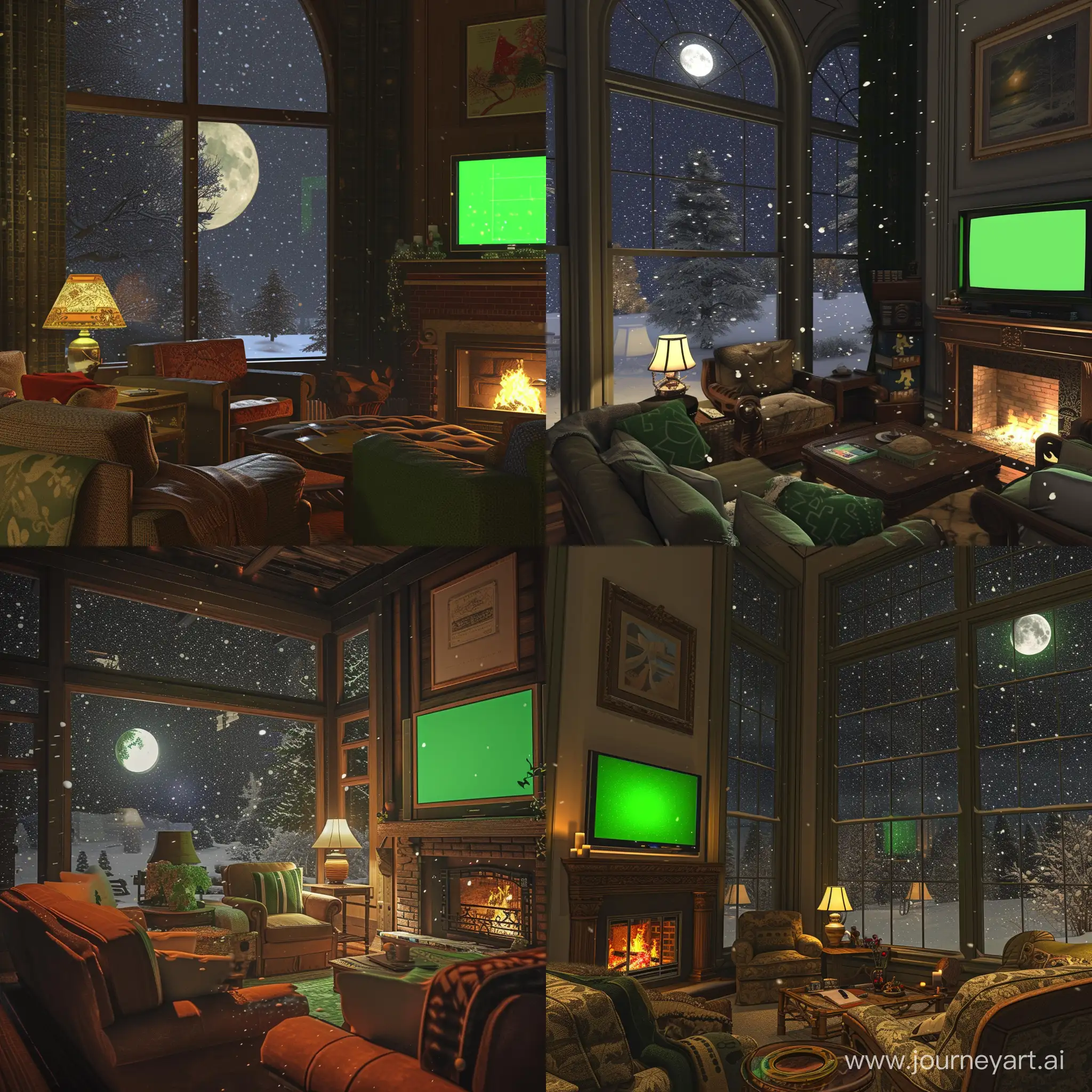 The living room is filled with furniture and a large window, creating a cozy atmosphere. At night, moonlight spills into the room from outside the window. Beyond the window, snow gently falls, and the moon is visible through the window, casting a serene and enchanting glow. Next to the fireplace, there is a television with a green screen, adding to the warm and inviting ambiance, especially during this snowy moonlit evening.