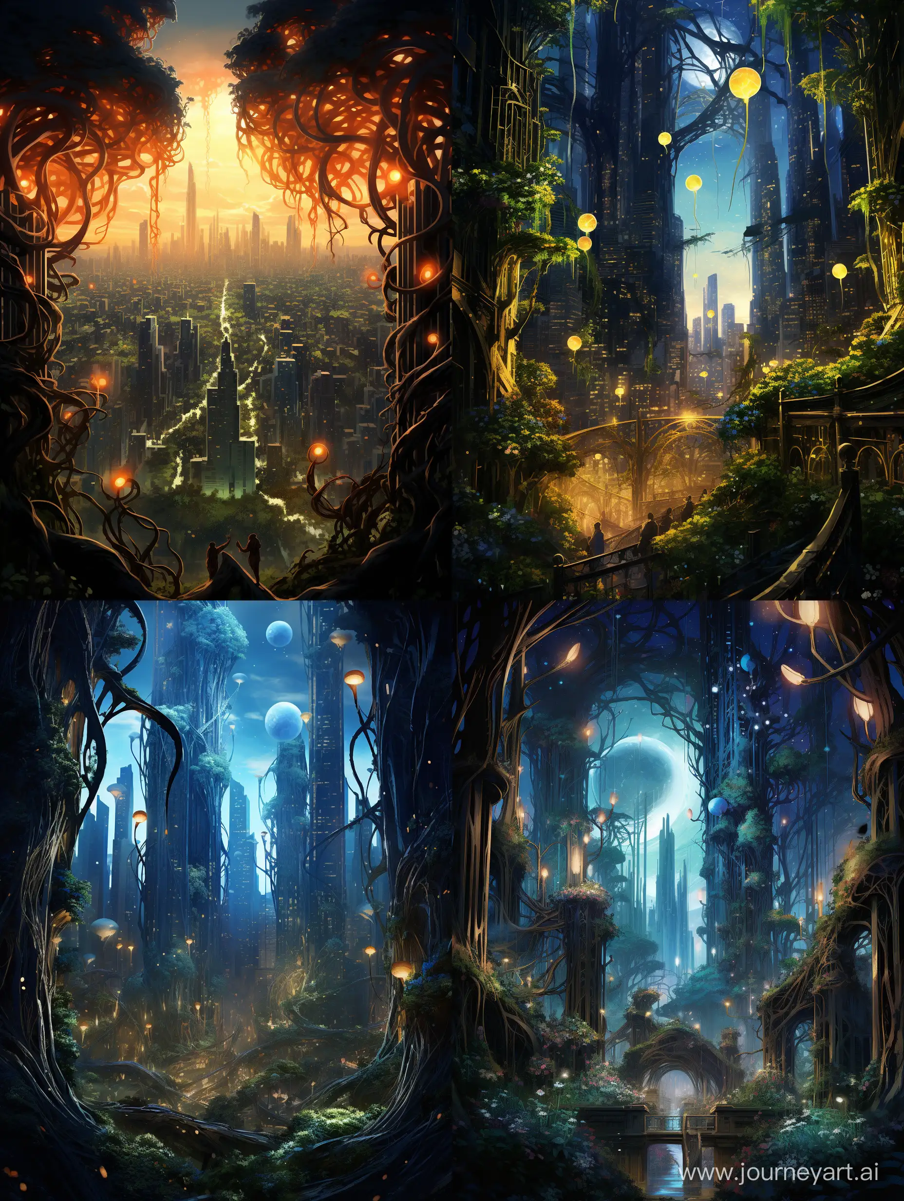 Imagine a cityscape where skyscrapers are intertwined with colossal, glowing vines that reach towards the stars.