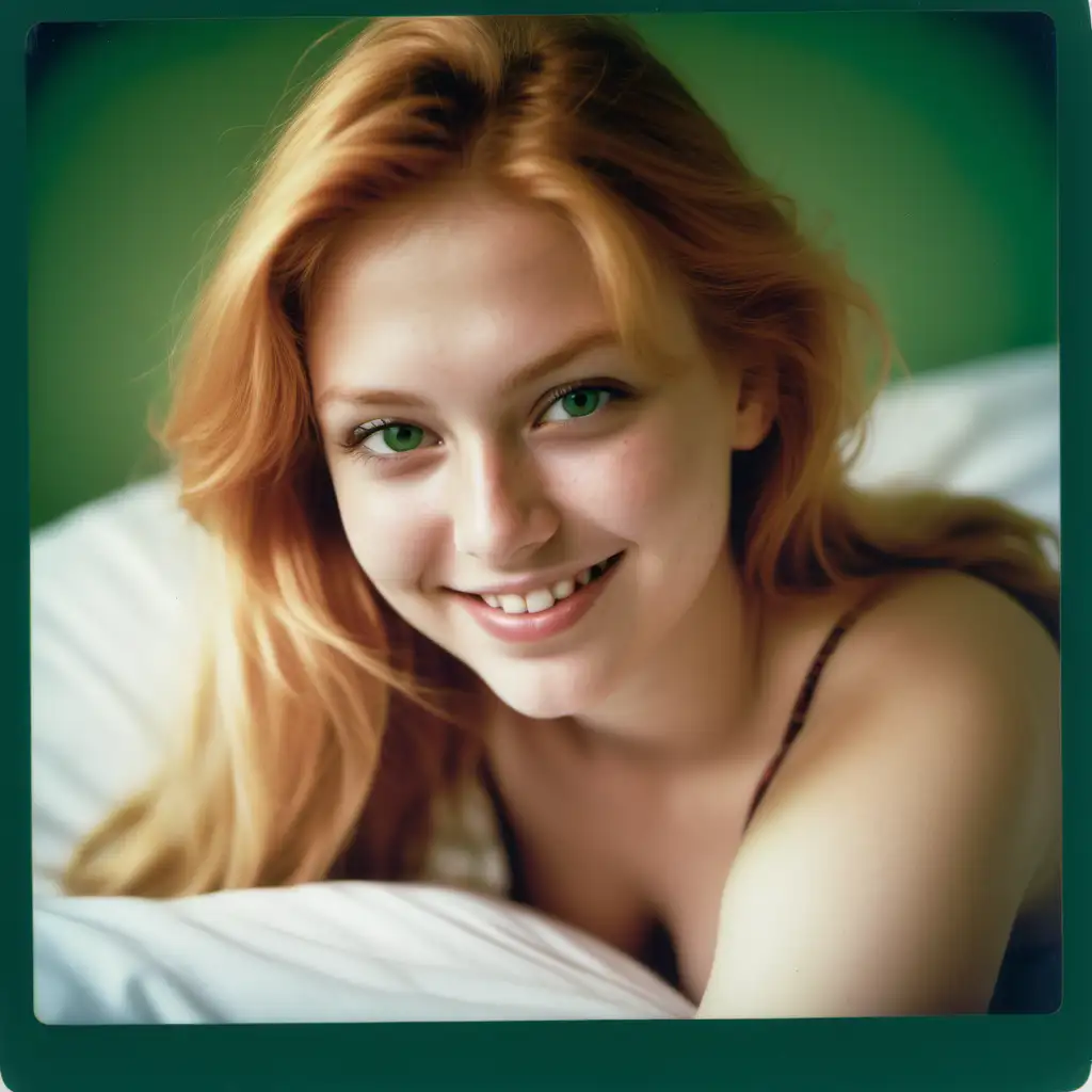 A very detailed photorealistic image of a young woman, 19 years old, with strawberry blonde hair and dark-green eyes. Her breast size is 38C.
She has a beautiful smile. She is with a man on the bed.
The photo is taken with a full-frame mirrorless  camera, using a 50mm prime lens, taken on a Polaroid SX-70 film, with the dynamic mix of sunlight and urban lighting creating a vivid backdrop as illumination.
The photo has a green background that can be cropped