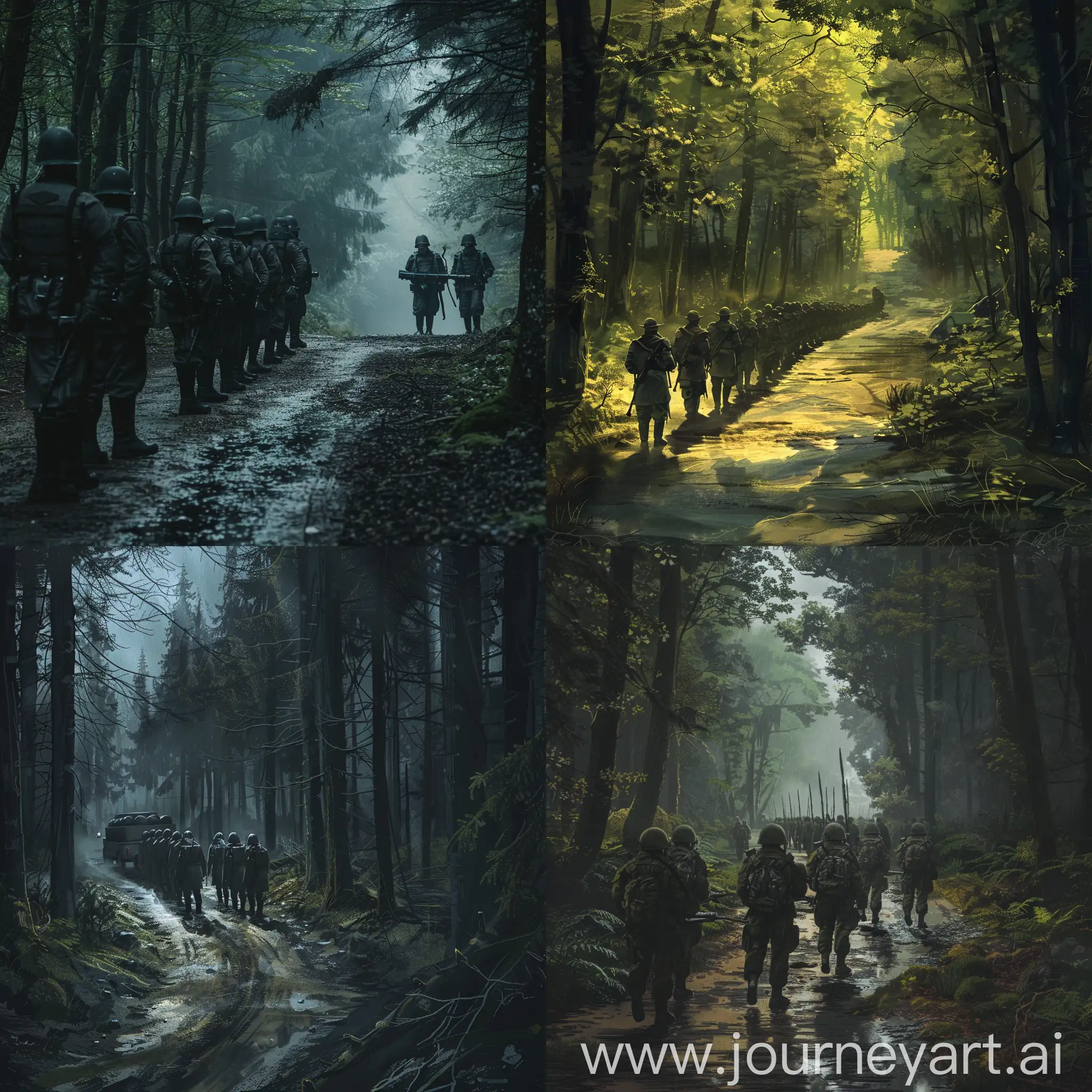 soldiers lined up,there is a convoy guarding the prisoner dnd dark fantasy,crossing a path in forest