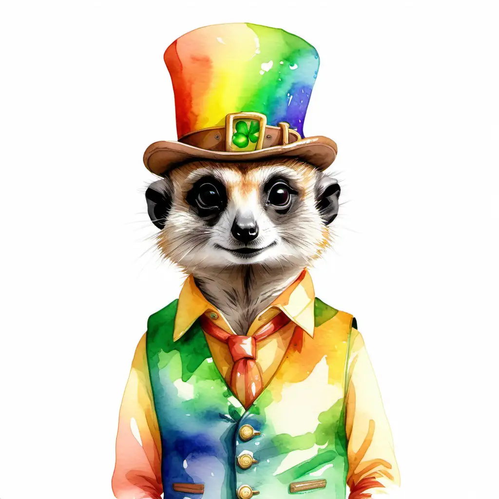 watercolor style, a leprechaun meerkat wearing a vest in front of a rainbow on a white background.