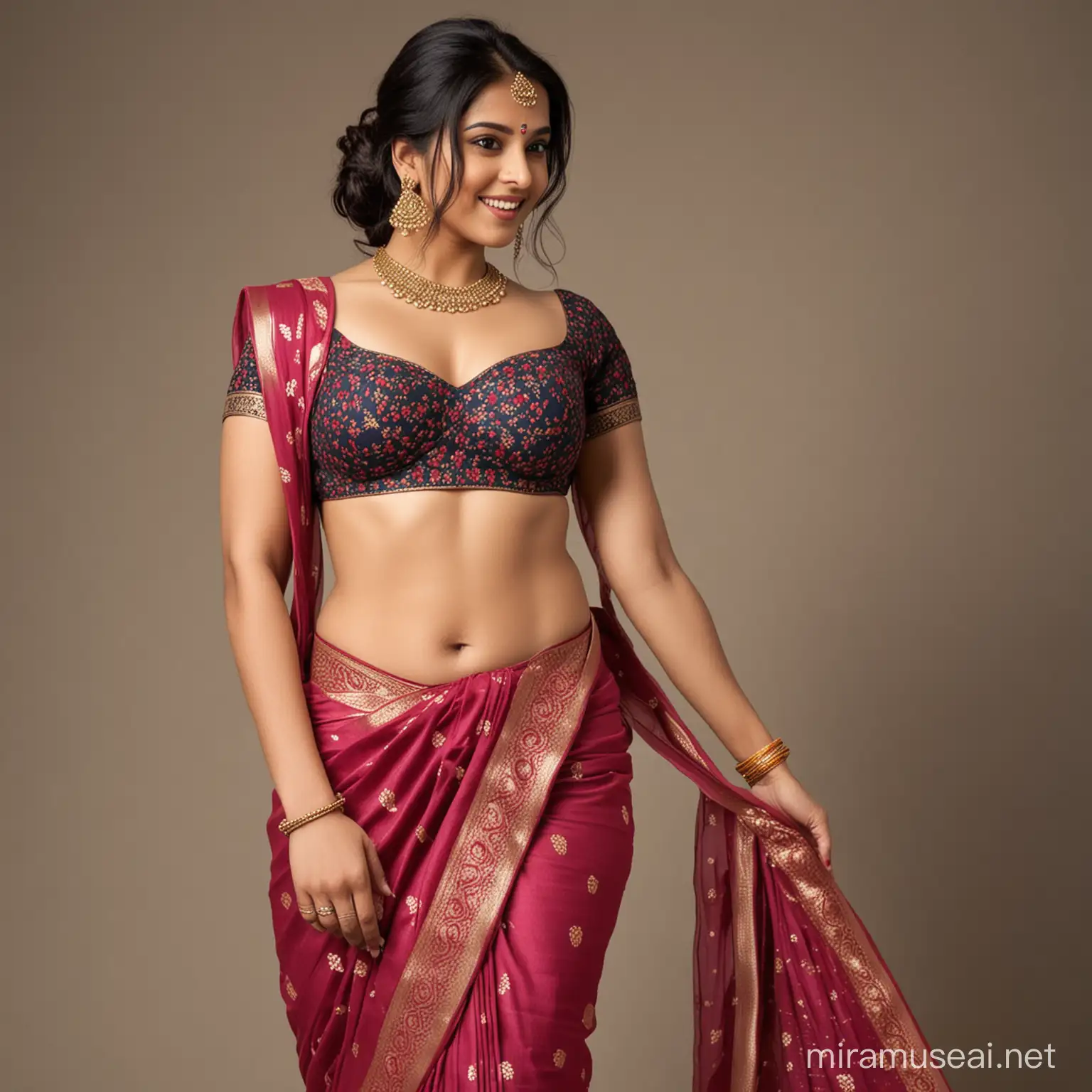 Traditional Indian Women Displaying Elegant Saree Styles with Emphasis on Curves