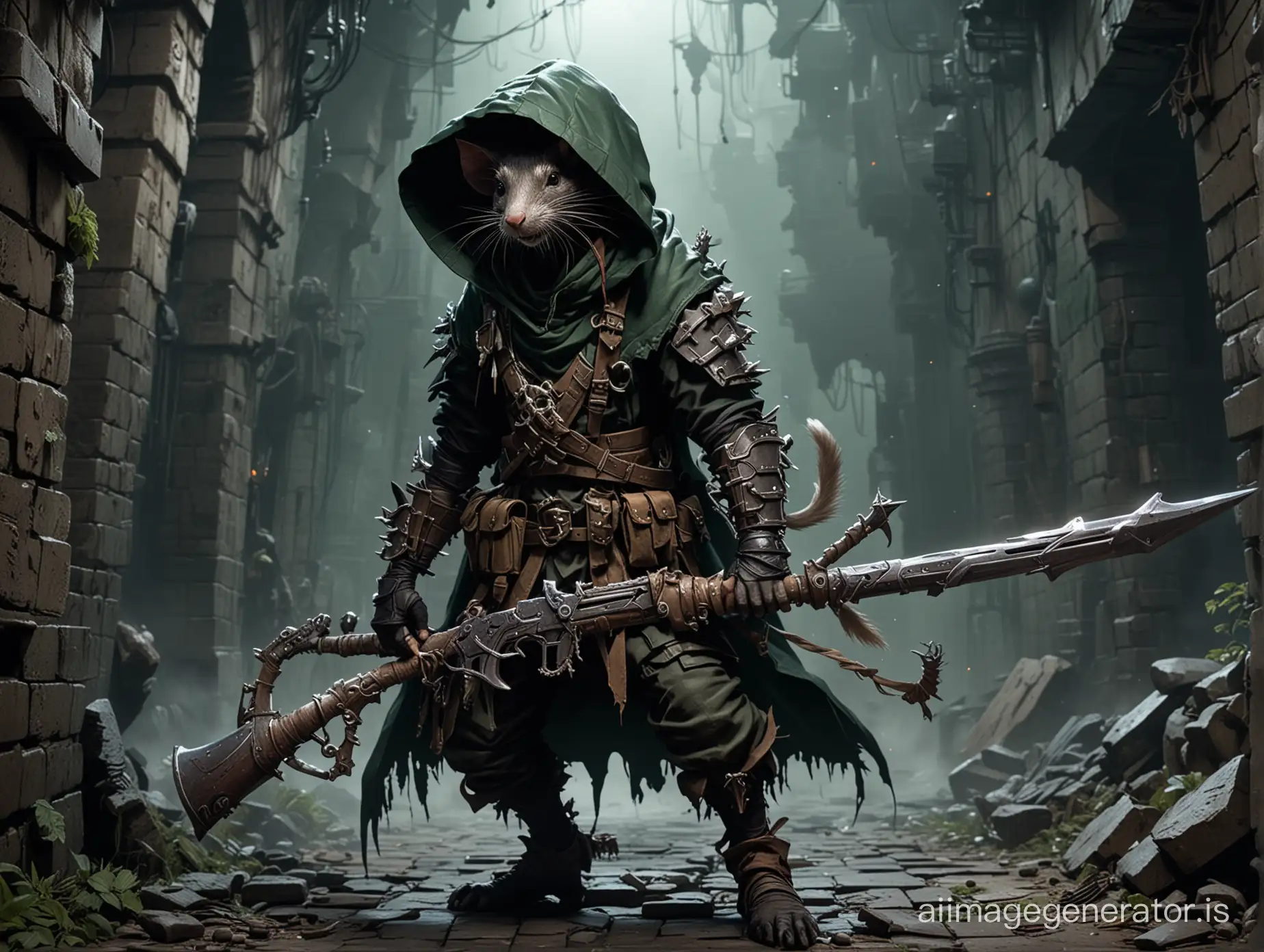 Arknights, ratman, (((skaven))), with a magic musket, is a little crazy, rat tail, against the backdrop of a dungeon, dark green tones, ((( in a hood))), juicy