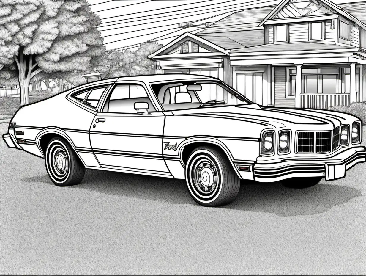 coloring page for adults, classic American automobile, 1976 Ford Torino, clean line art, high detail, no shade