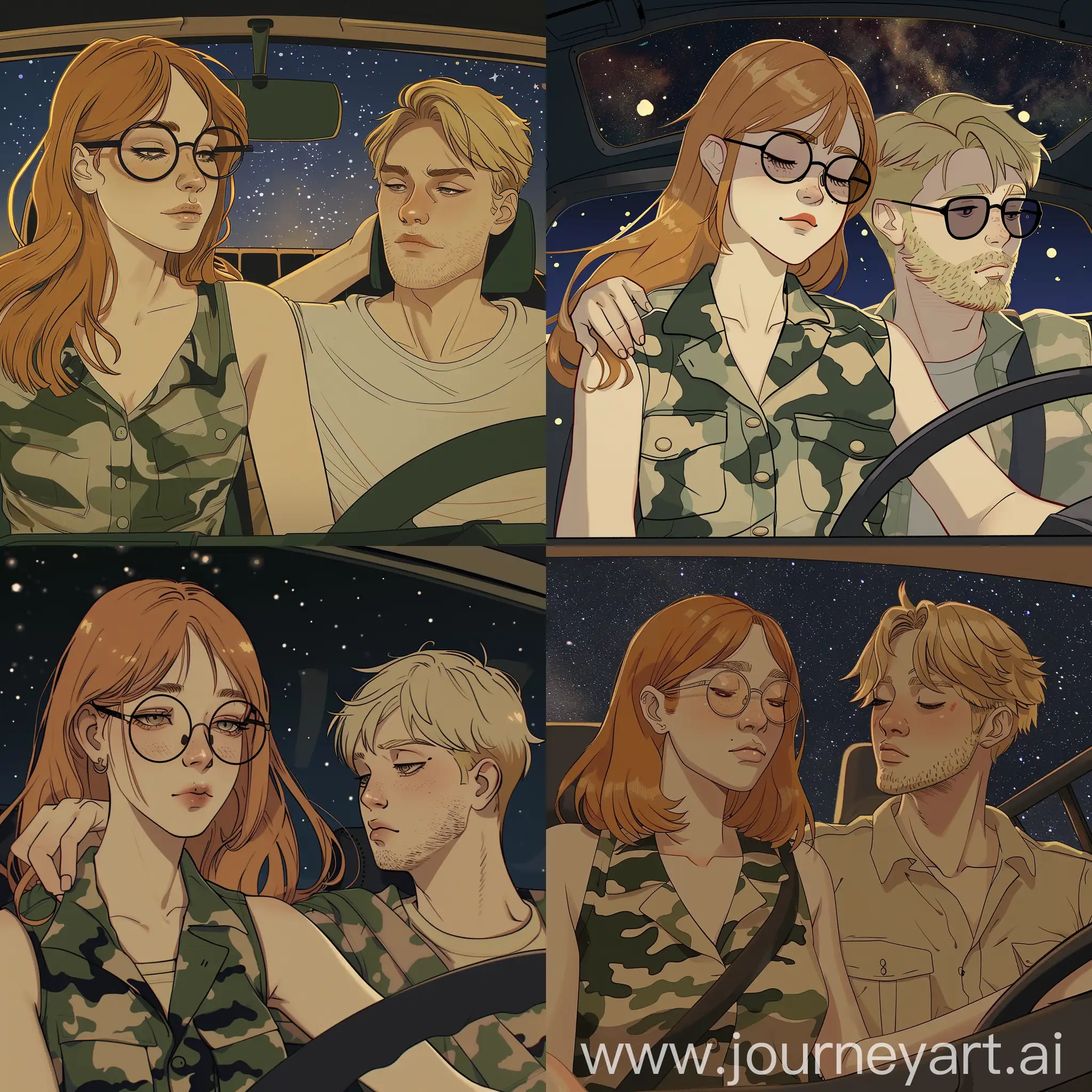 Animation style. A cute young woman, 25 years old, with flowing shoulder length Ginger hair parted in the middle. She is wearing round glasses with thin circle rims. She is wearing a sleeveless green and beige camouflage shirt, and matching camouflage pants.  We are looking at her driving a car, straight on view through the windshield. It is a beautiful starry night. Sitting next to her in the car, is a an attractive man, 25 years old, with blonde hair, a longer nose, and light blonde stubble. He is resting his head on the shoulder of the Ginger haired driver.