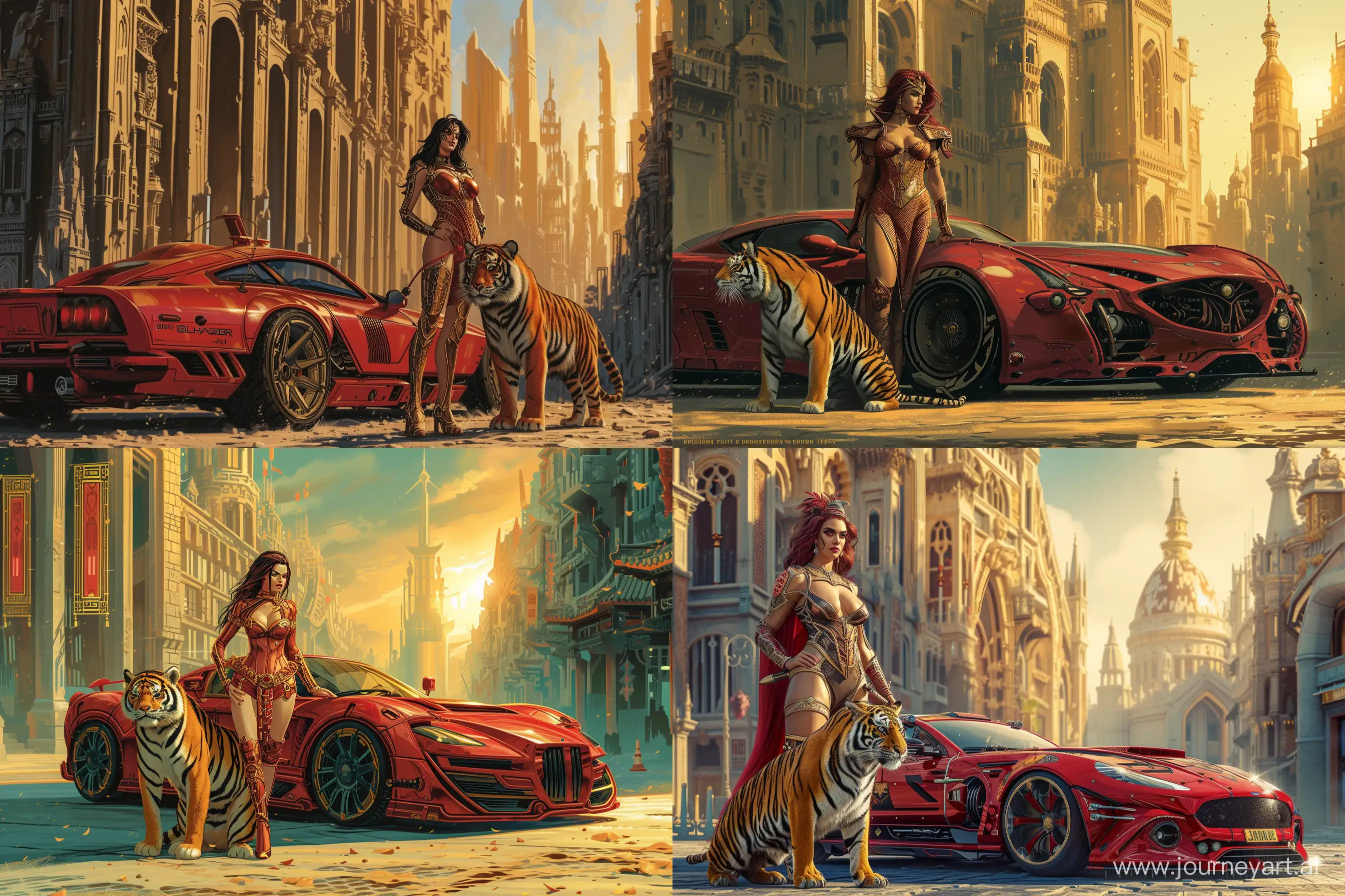 Гордая воительница-амазонка в изысканном деловом  костюме со своим тигром стоит возле красного военного ретро-футуристистического спортивного автомобиля, комиксы в стиле стимпанк, на фоне старого людного красивого города, в стиле Джима Ли, рассветный солнечный свет , ультра детализированная обложка комикса в стиле Джима Ли, --ar 9:6 --s 100 --v 6.0