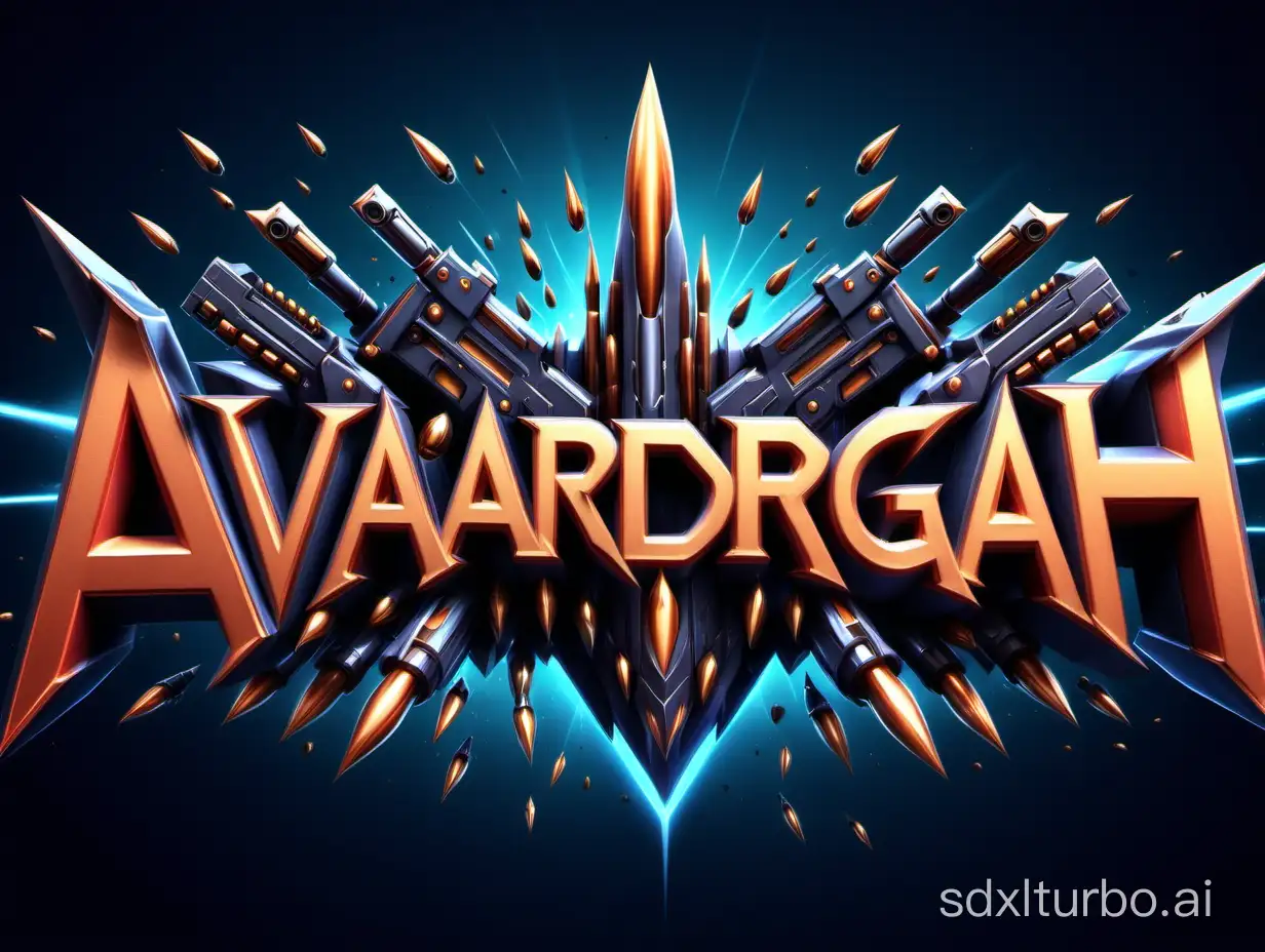 create text logo from "AVARDGAH" with sharp edges and bullets and other assets decoration, front view, clean, lights, simple, game background, 3d, frame, battle, modern, scifi