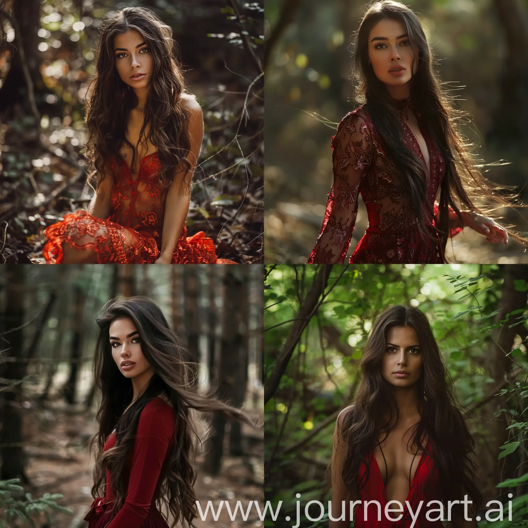 High resolution fashion photo, long hair, brunette girl, full body shot, wearing elegant red dress, super casual, everyday attire, in the forest, flickr