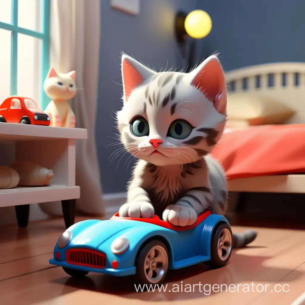 Dreaming-Kitten-with-Toy-Car-in-a-Cozy-Room