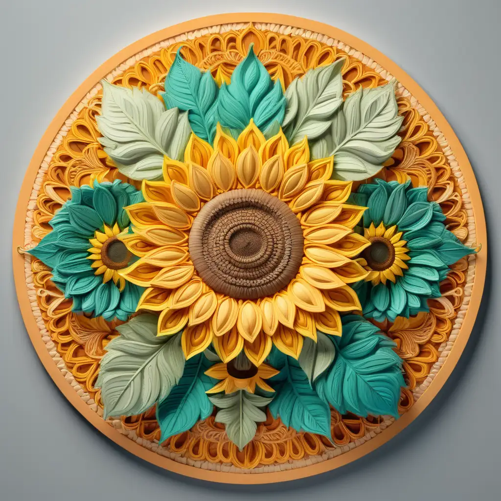 bright and vibrant shades, no gray. 3D highly detailed scene of sunflower. Perfectly symmetrical mandala with leaves on a round canvas