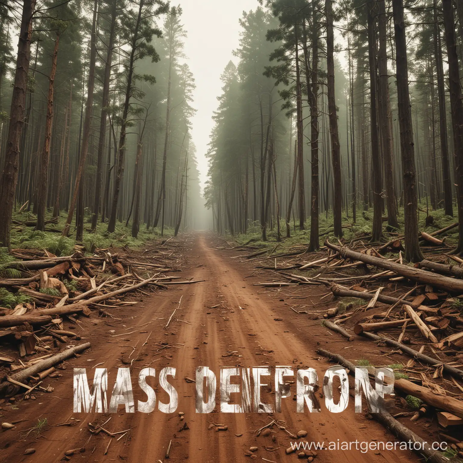 Make a slide picture like in presentations with such prompt: Title Slide: Create a title slide with the title "Mass Deforestation" and include relevant imagery such as a forest being cleared or a globe with trees disappearing.