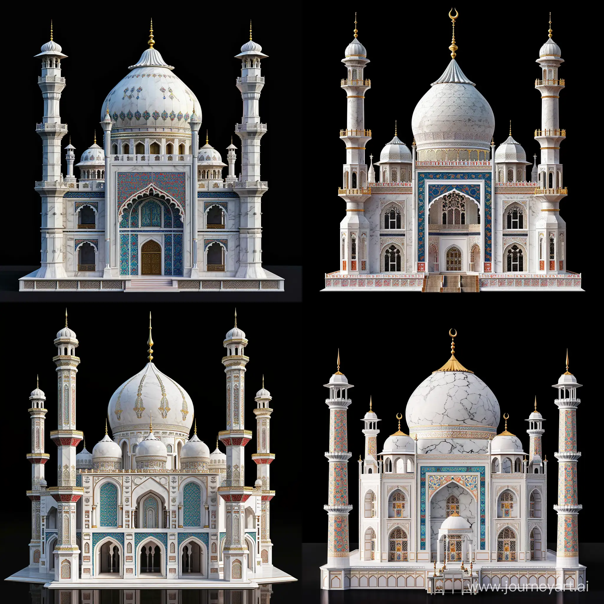3d rendered: A Tall Umayyad mosque, Mughal dome and thin decorative Mughal spires minarets, Curved chala style Bengal roof, Gurudwara balconies, Rajput architecture curved jharokha windows and Rajasthan chhatri, Modern White marbled facade, blue red finely thin floral Mughal pietra dura/Persian tiles motifs, shiny gold finial and golden ornaments, black background, full view, front view, symmetric --v 6