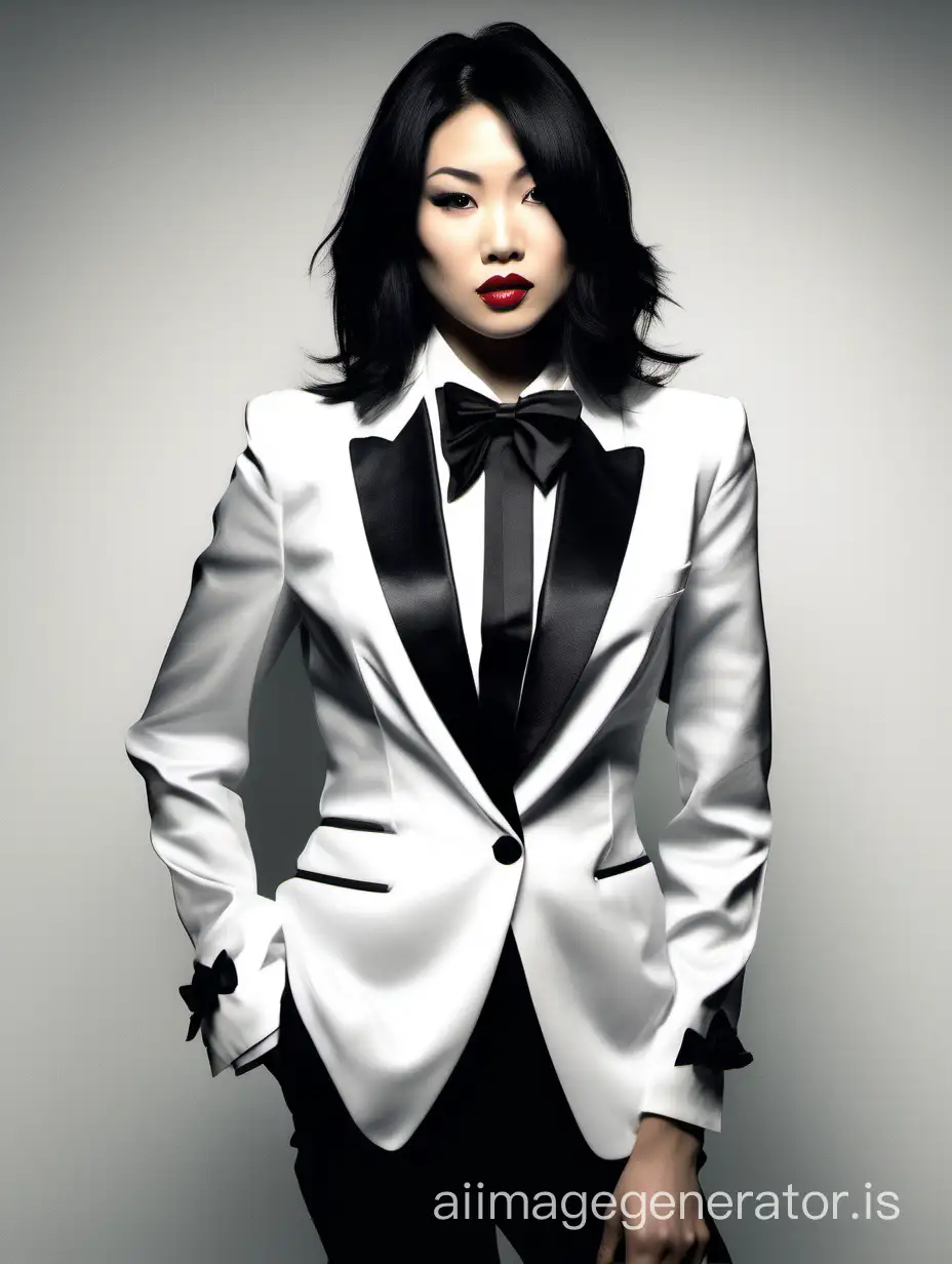 A beautiful  and stern asian woman with shoulder length black hair, and lipstick, mid-twenties of age, is sitting on a couch in a dark room.  She is wearing a tuxedo with an open black jacket and black pants.  Her shirt is white with double french cuffs and a wing collar.  Her bowtie is black.   Her cufflinks are large and black.  She is wearing shiny black high heels. She is crossing her arms.