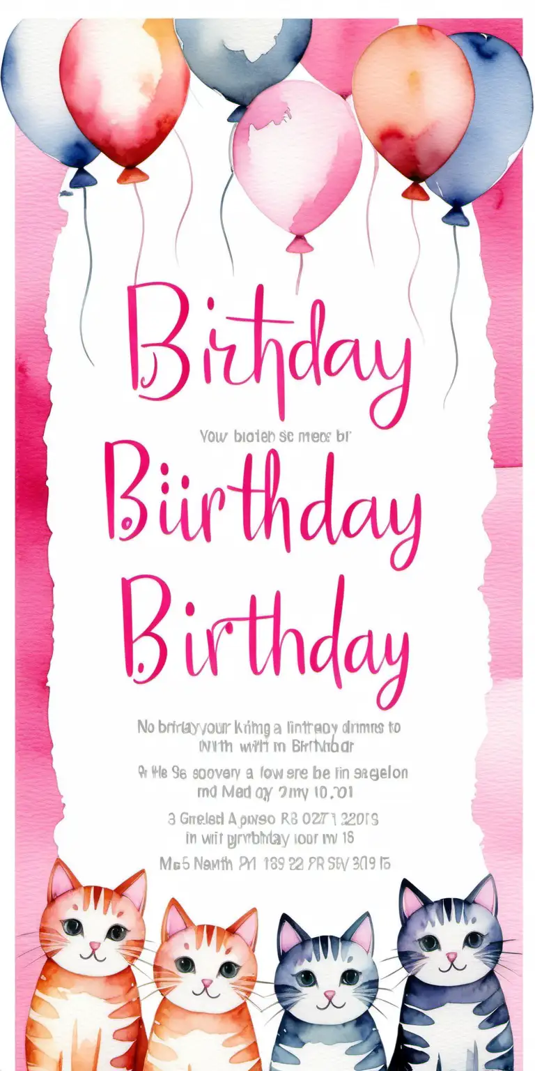 birthday invitation with watercolor cats and a pink border isolated on a white background