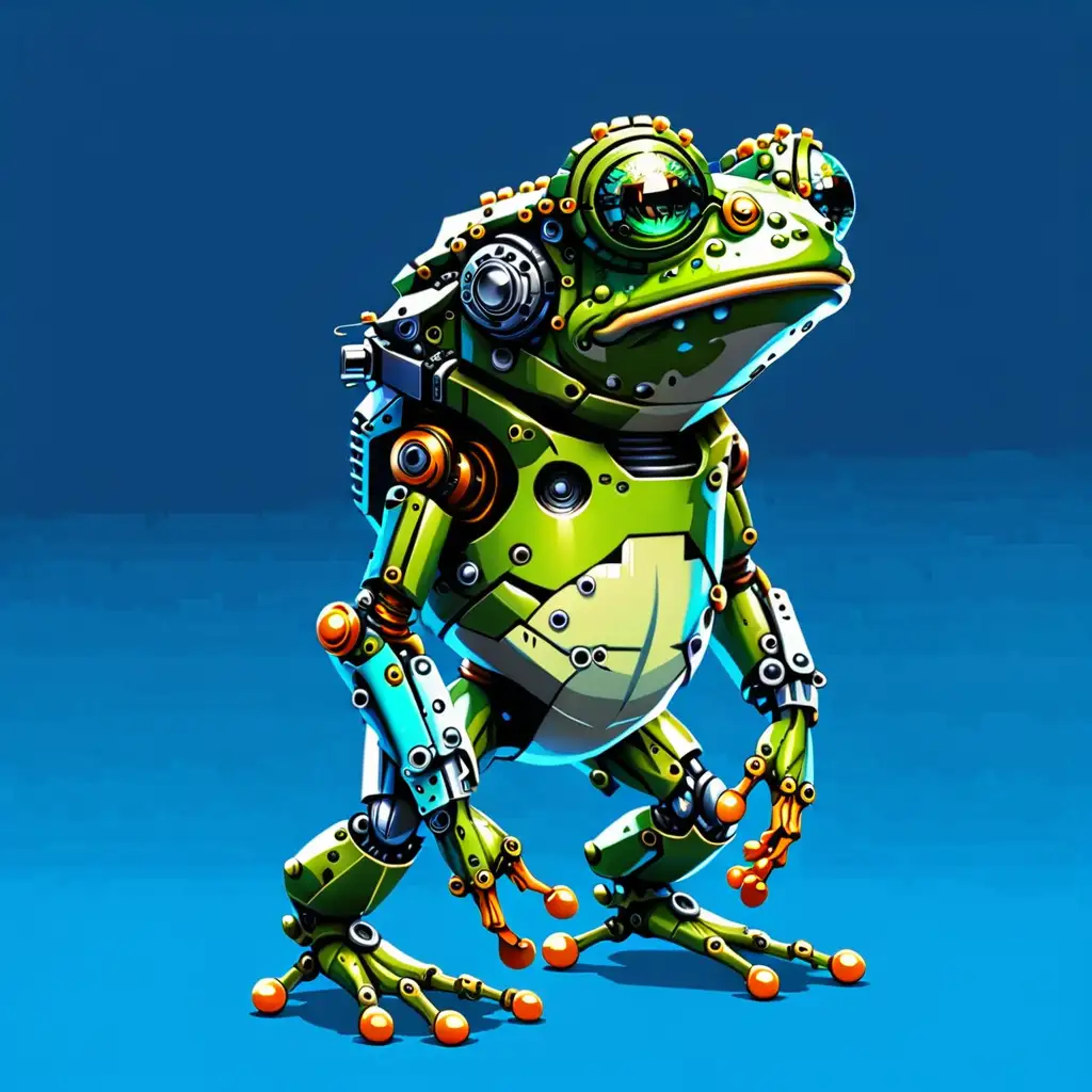 Pixel Small Frog Cyborg on Vibrant Blue Background