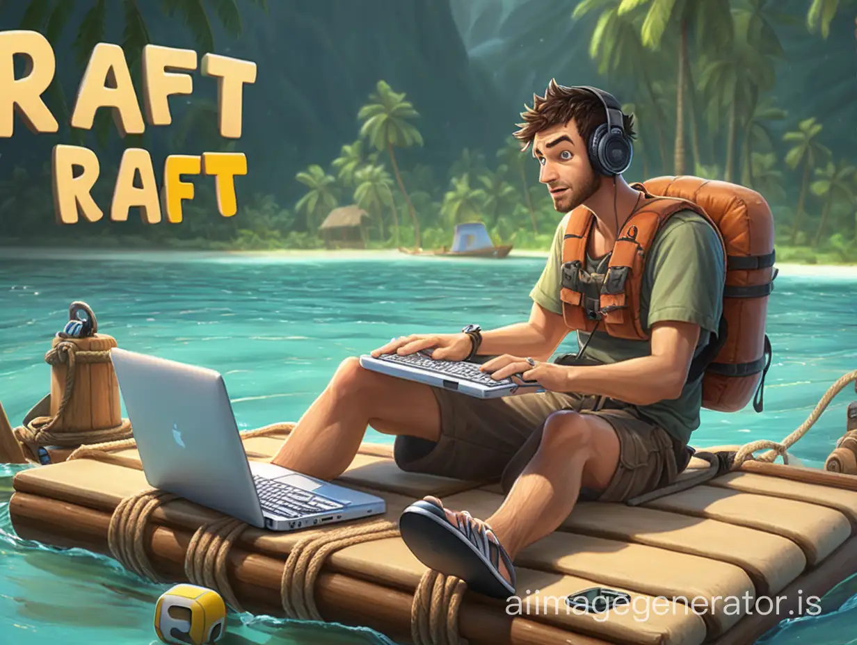Парень играет в "Raft" на компьютере, находясь на плоту

