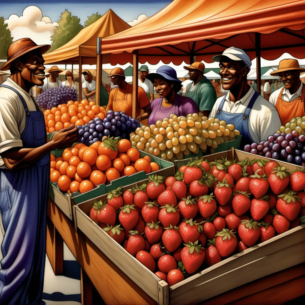 ernie Barnes style cartoon of strawberries, oranges, and grapes at the farmer's market