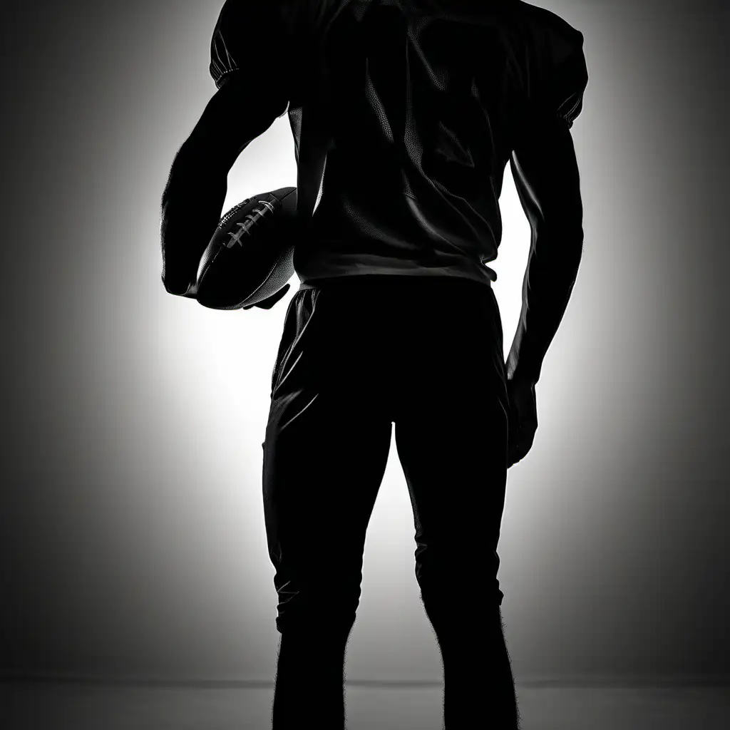 Silhouette of a young man holding an American football at the side of the body, rear view