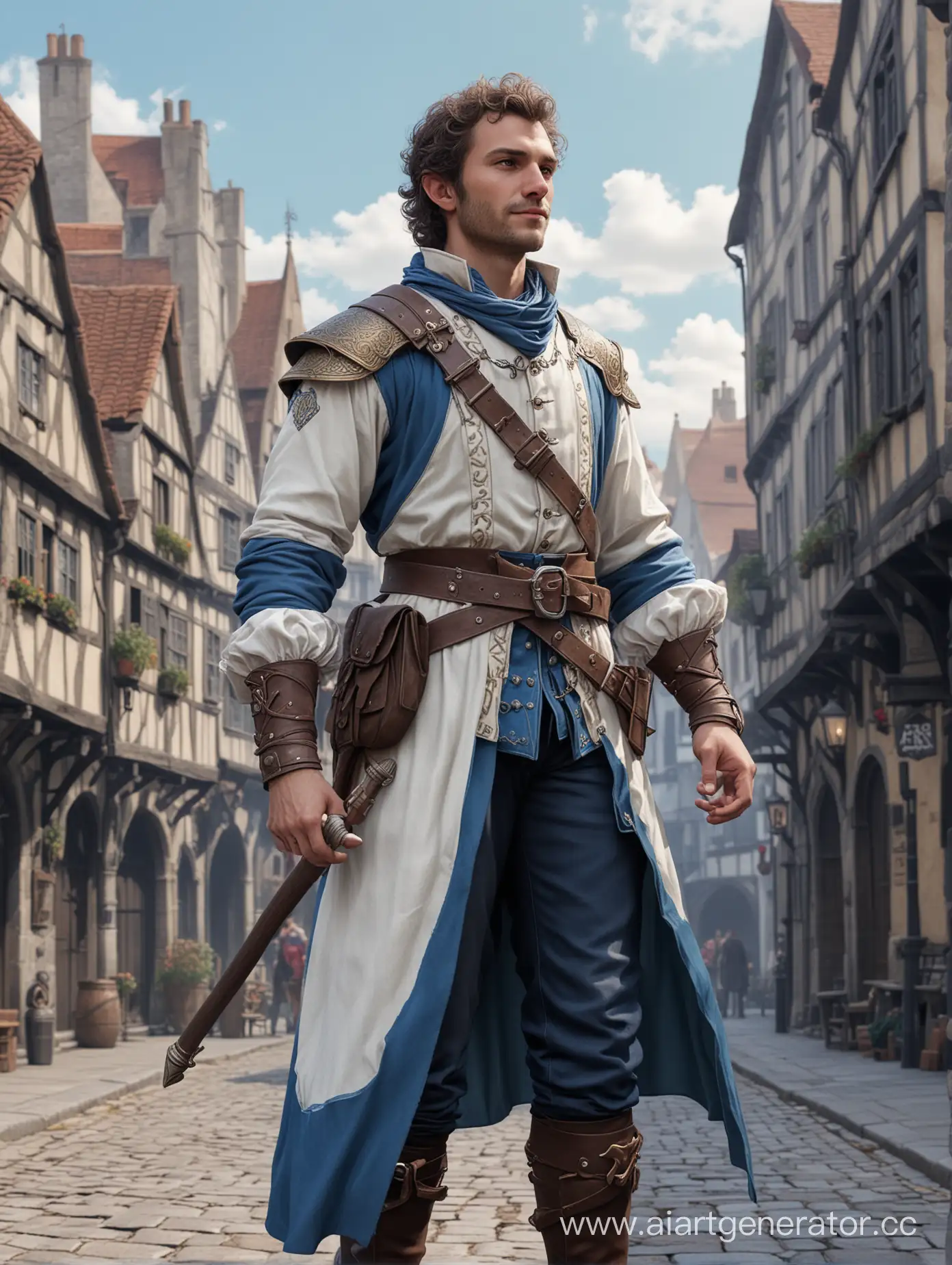 halfelf bard, 26 yo, dnd, city background. white and blue. slim and tall