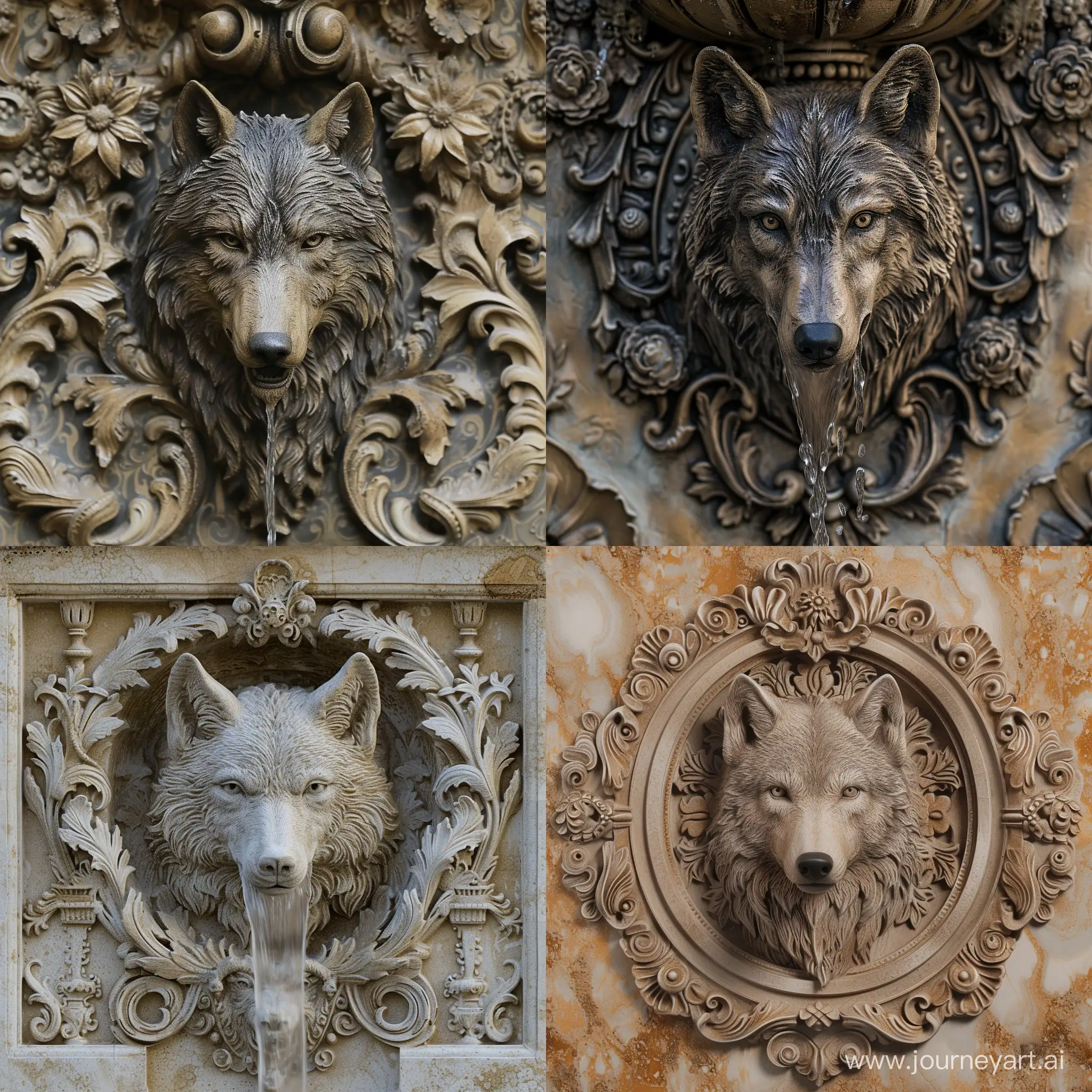 Majestic-Wolf-Beside-Ornate-Baroque-Wall-Fountain