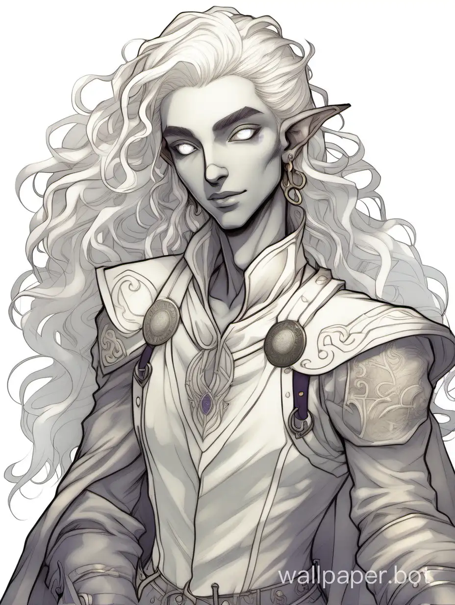 OC, a D&D bard, dnd changeling, changeling from dungeons and dragons, half-elf, slender, pearlescent ((pale white skin)), (wavy long white hair), ((glowing white eyes)), androgynous, flamboyant, nonbinary, pale body, lithe, short pointed ears, almond shape eyes, charismatic smile, (bard adventurer clothes), portrait, humanoid, friendly, drawing, wearing clothes, entertainer, bright, clean, sleeves, straight slightly hooked nose, greek statue like, digital art, proportionate, anatomical, shapeshifter, detailed, nonbinary, genderfluid, ethereal, tomboy, greyscale skin, modest, masculine, sharp face