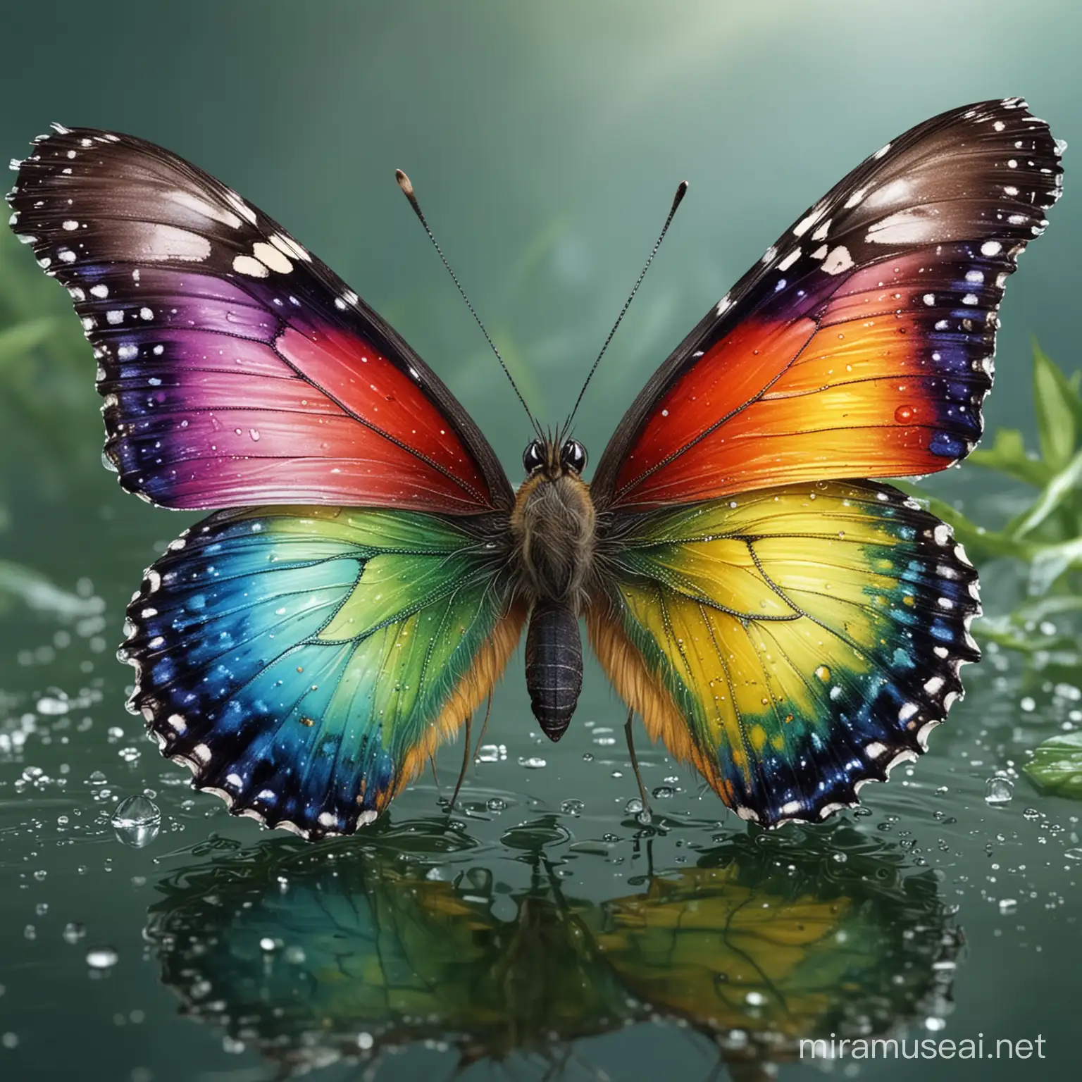 very beautiful and colorful butterfly on a water dew photorealistic detailed