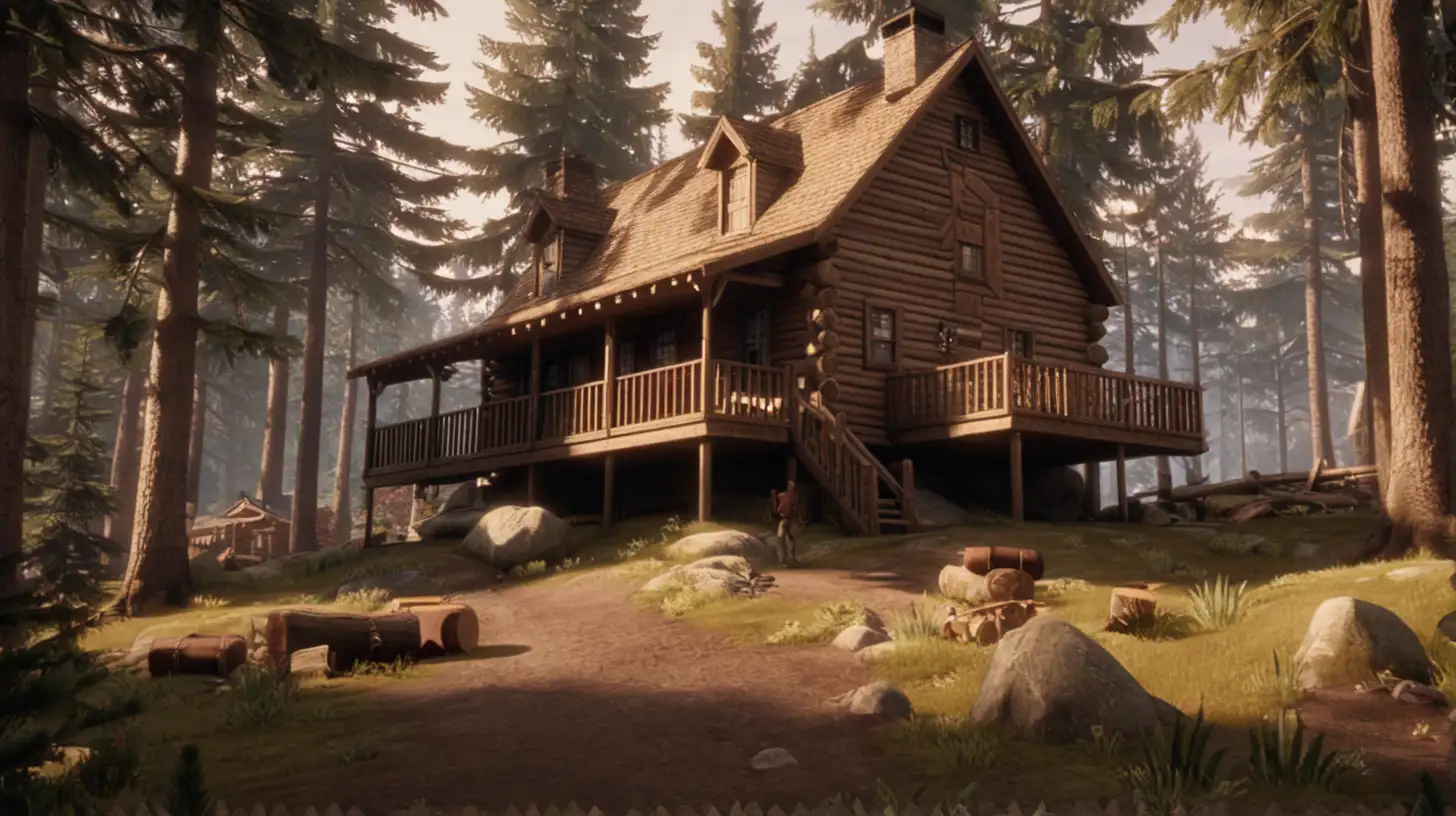 Cabin in the woods. Wide shot. 2 story cabin. Pc game

