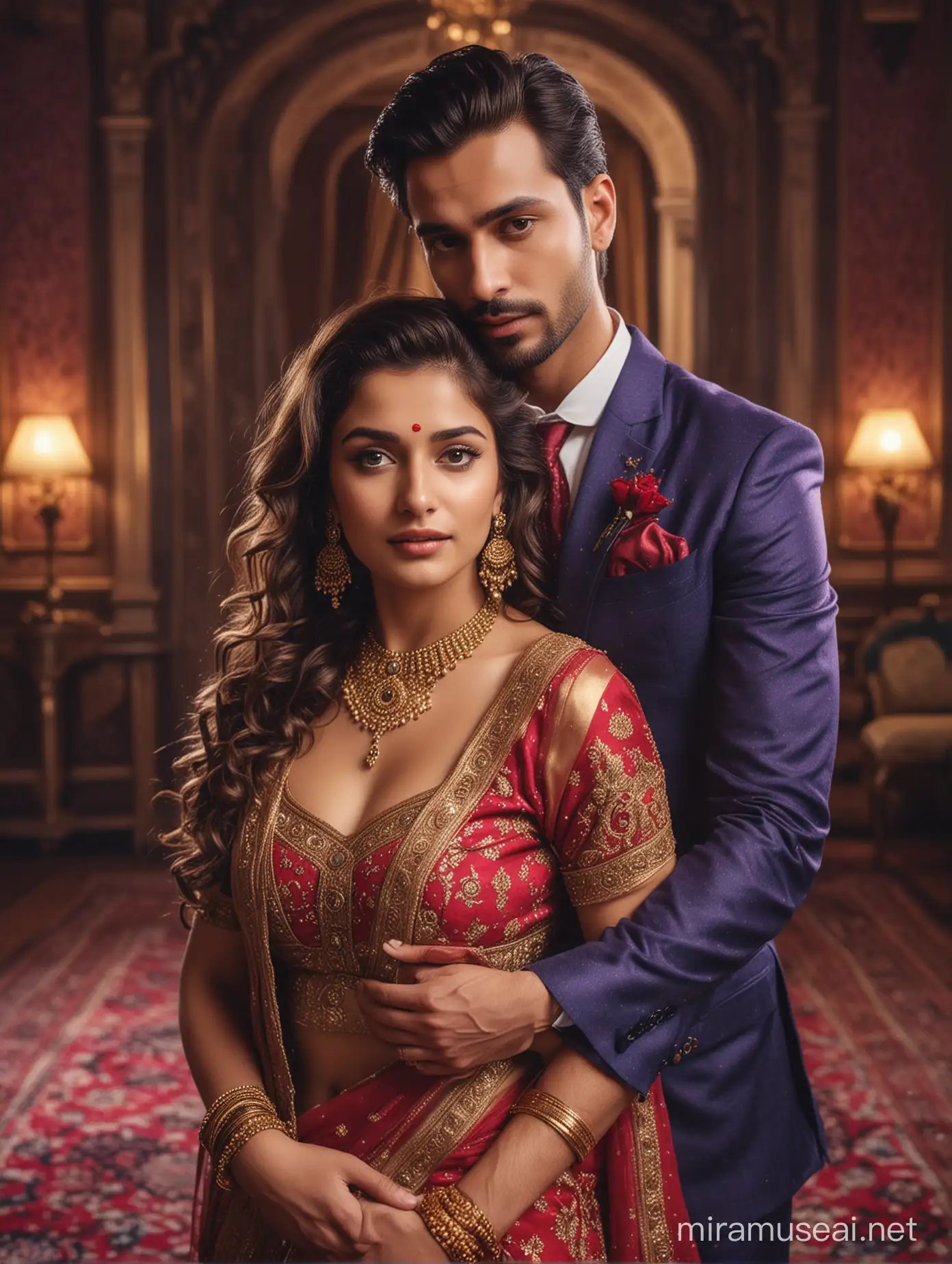 Romantic Indian Couple Embracing in Vintage Palace Interior Elegant Saree Stylish Suit