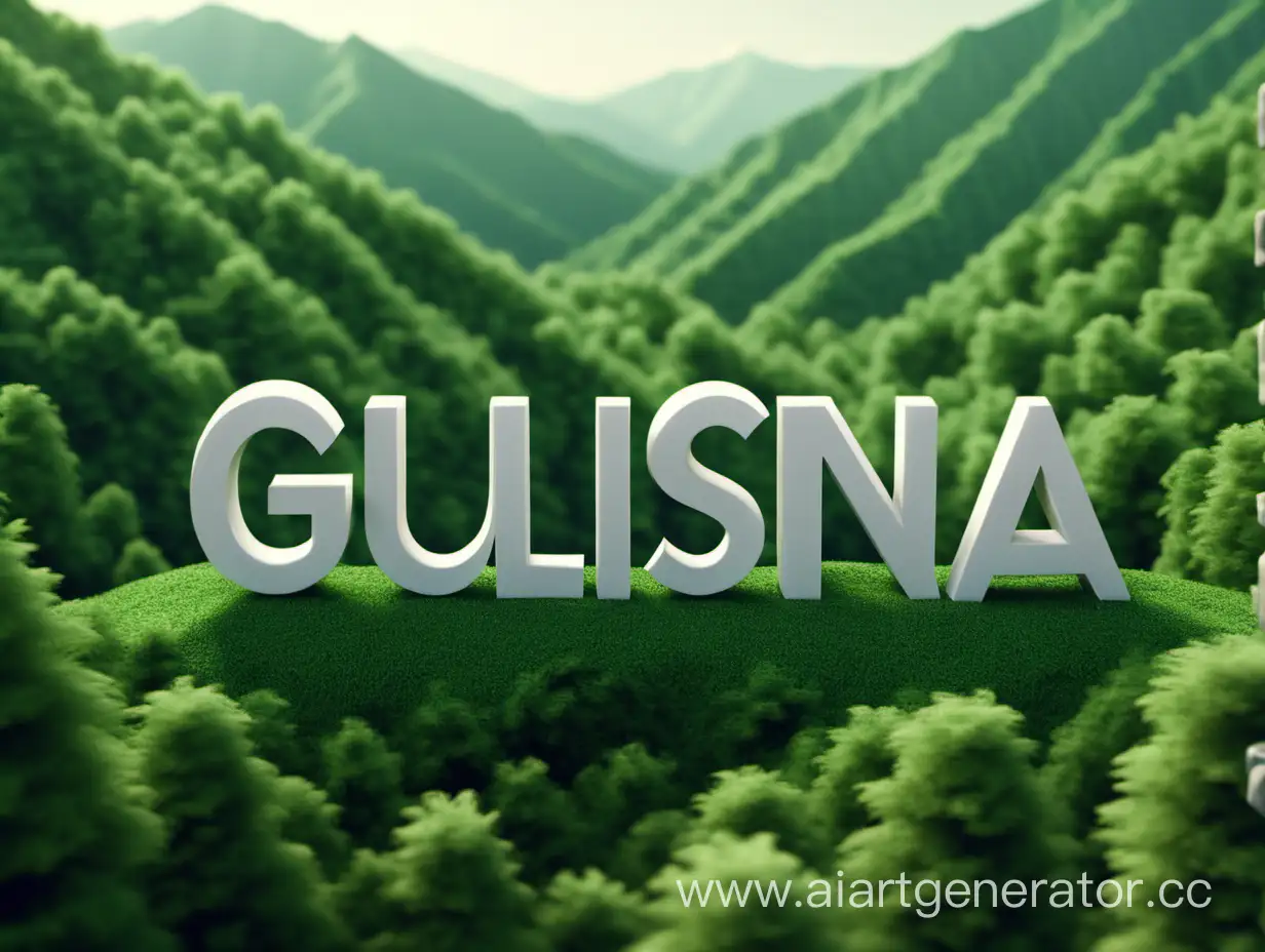 Слово «Гульсина» 3D буквами на фоне зеленых гор