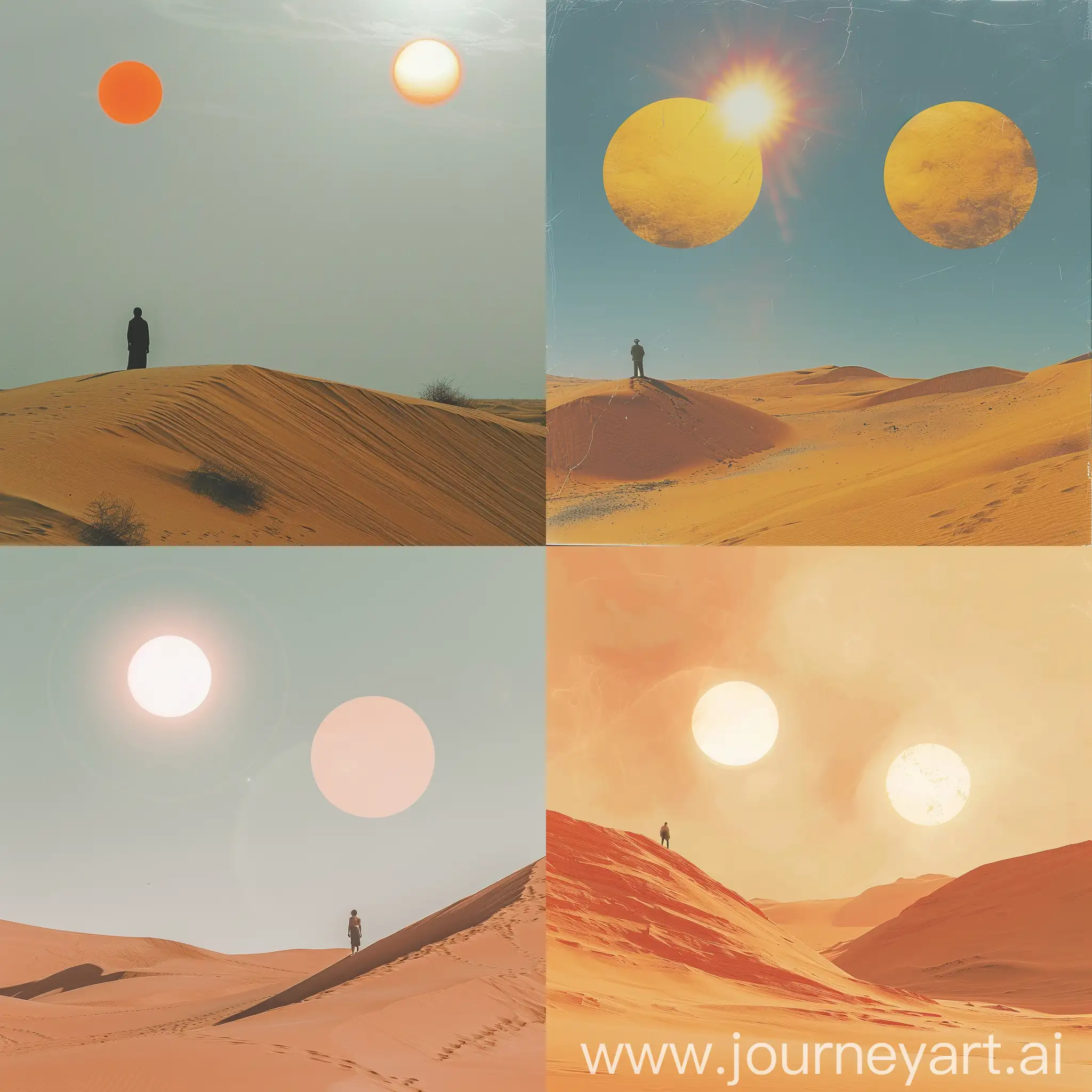 desert dunes, two suns, hot day, one man on a side