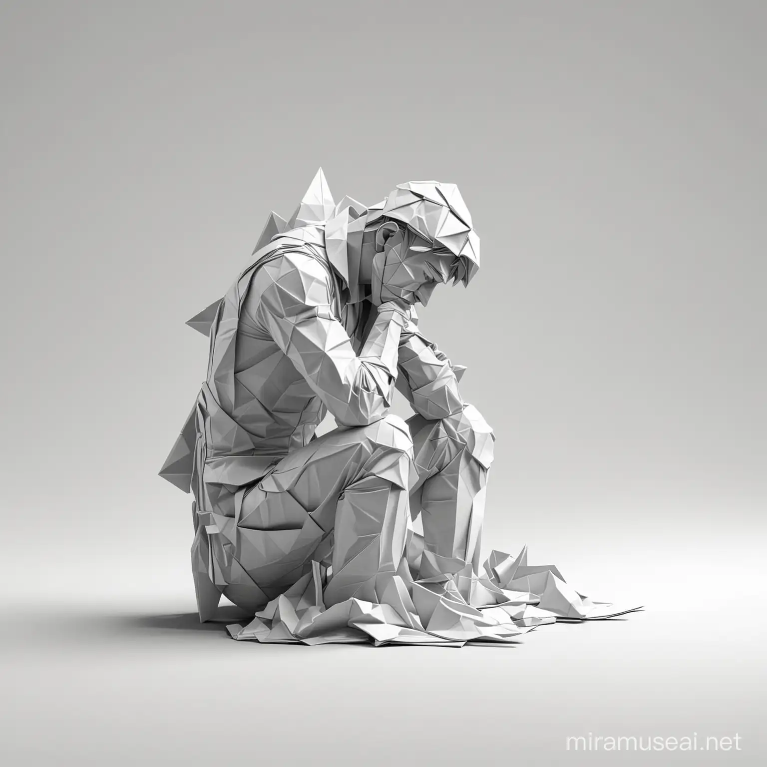 3D design that represent a man depressed in a three-dimensional origami style. A minimalist yet impactful design that adds depth and style, sticker style, white background, ultra detailed