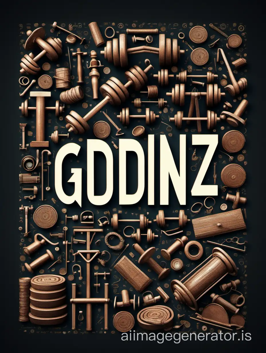 A text named as GODINZ designed with many gym materials in classic dark  color background 

