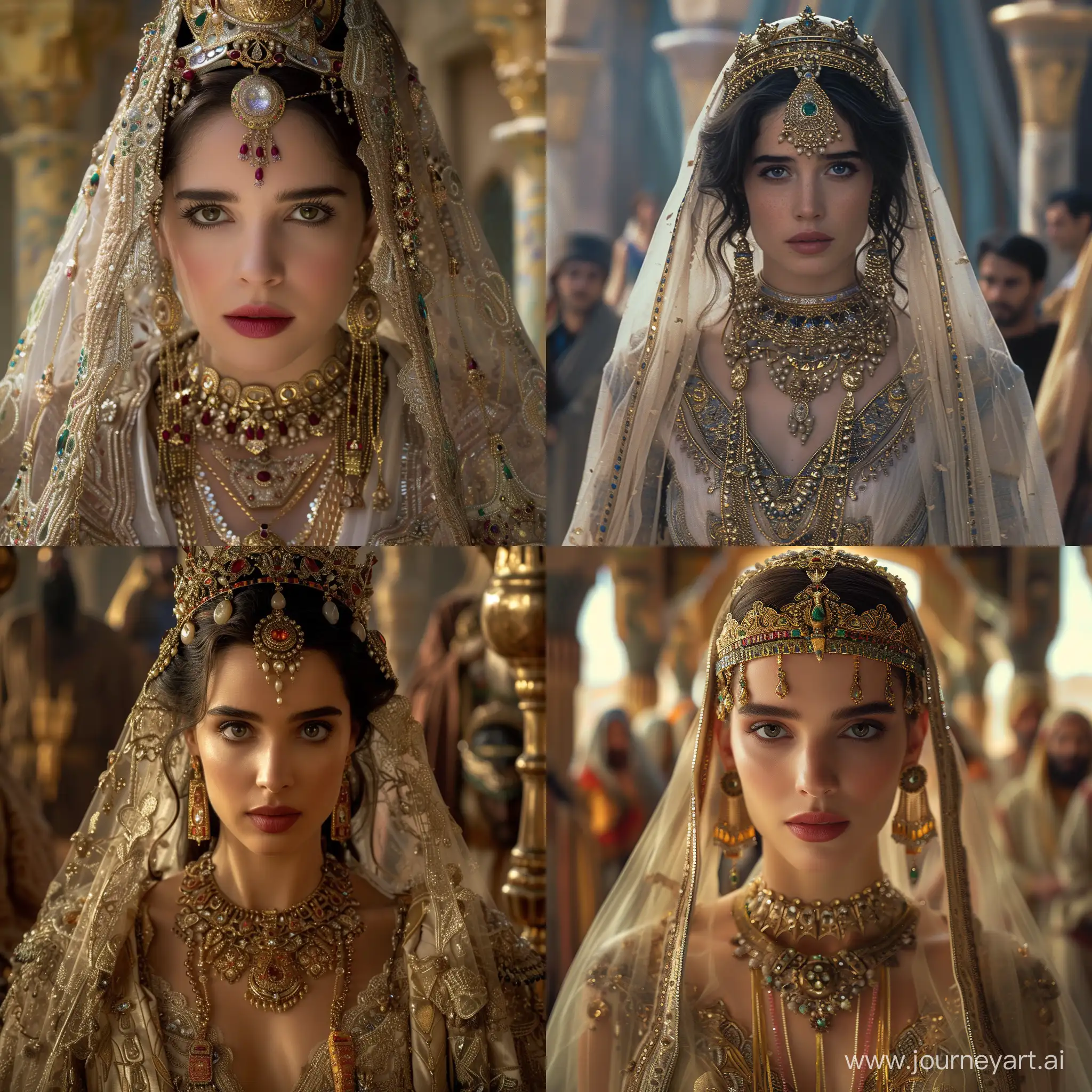 A cinematic photo from the Oscar winning film "the ancient queen of Persia", the extremely intricate details of Queen Esther's royal attire as she arrives for a feast. Strikingly natural and devoid of makeup, her beauty is otherworldly. Adorned in ethereal jewelry and shimmering gold, she appears as if she's stepped out of a magical realm. The image, captured in stunning Ultra HD, is a visual treat that could easily serve as the epitome of regal elegance — s 250
