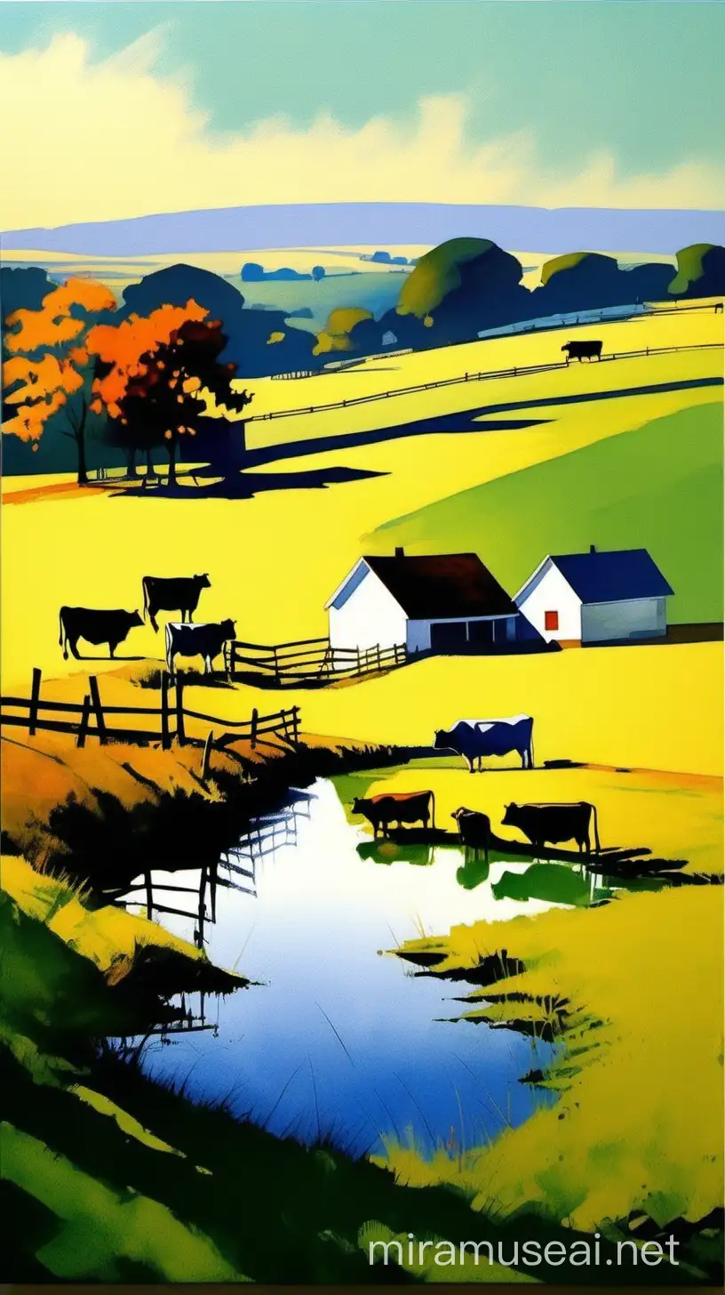 Idyllic Farm Panorama with Cows and Serene Pond