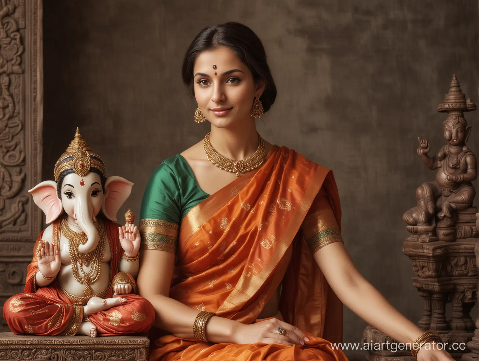 A beautiful European woman in a sari sits next to Lord Ganesha. They are the same height. Ganesha is two-armed.